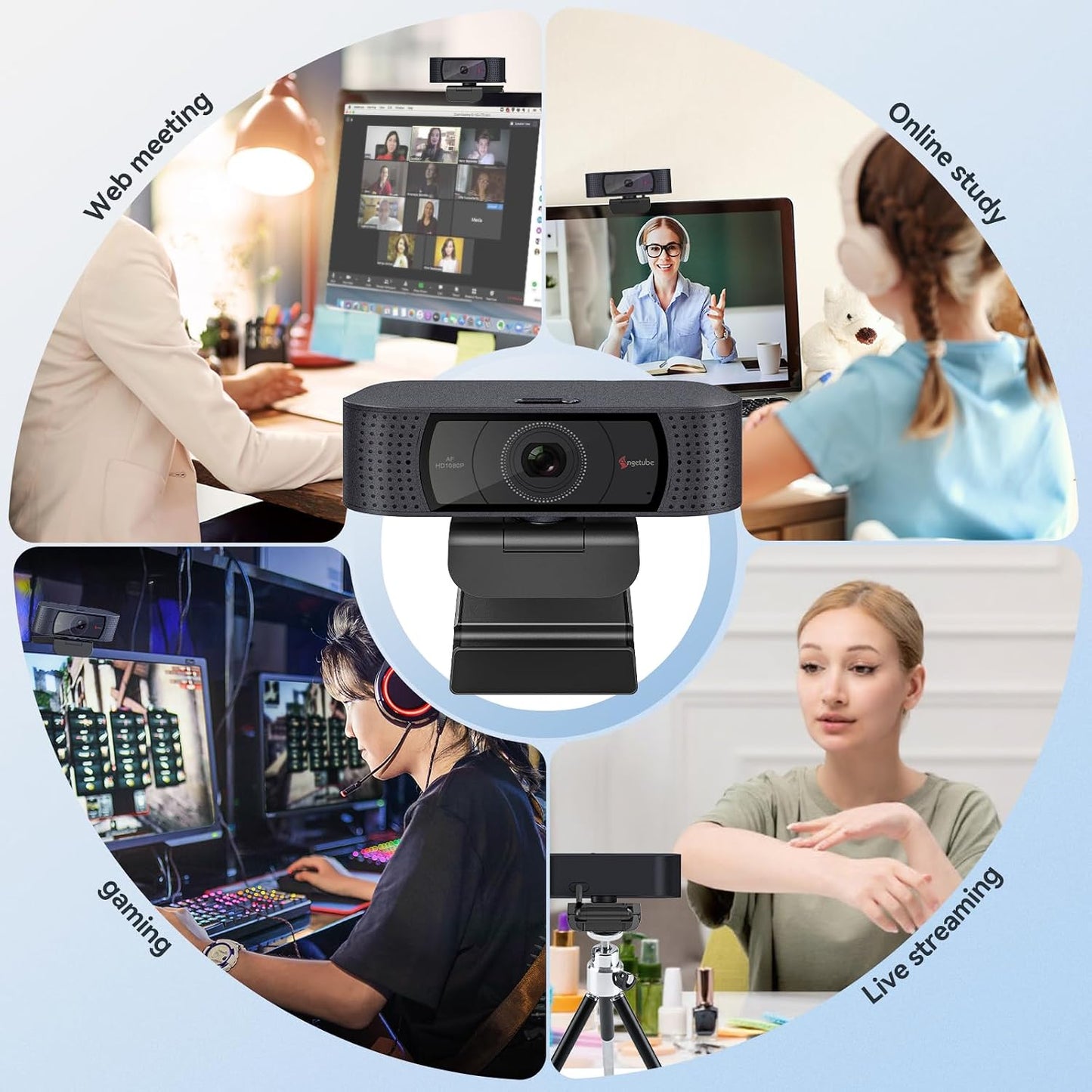 Angetube 1080P Webcam, Computer PC Camera for Laptop with Privacy Cover | 2 Microphone, Plug & Play, USB Type-A & A-to-C Adapter, 78° FOV, Suit for Online Calling, Zoom/Teams/YouTube/Google Meeting