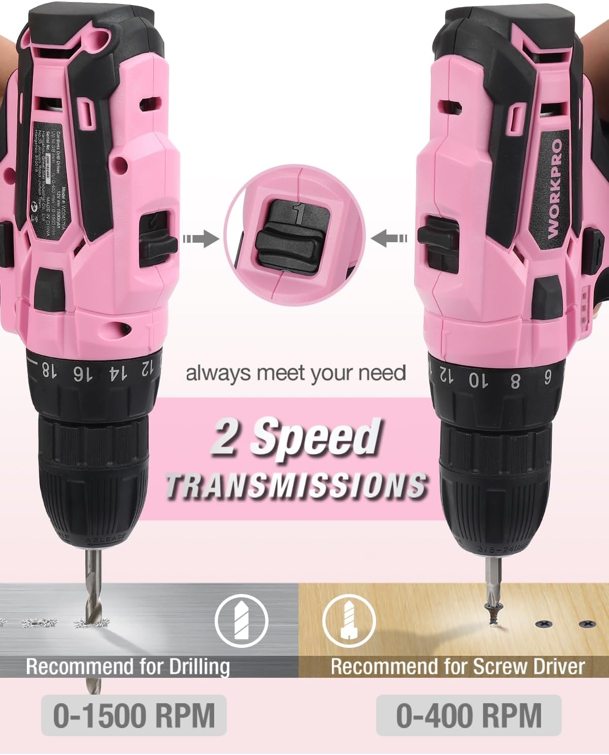 WORKPRO Pink Cordless Drill Driver Set, 12V Electric Screwdriver Driver Tool Kit, 3/8" Keyless Chuck, Charger and Storage Bag Included - Pink Ribbon