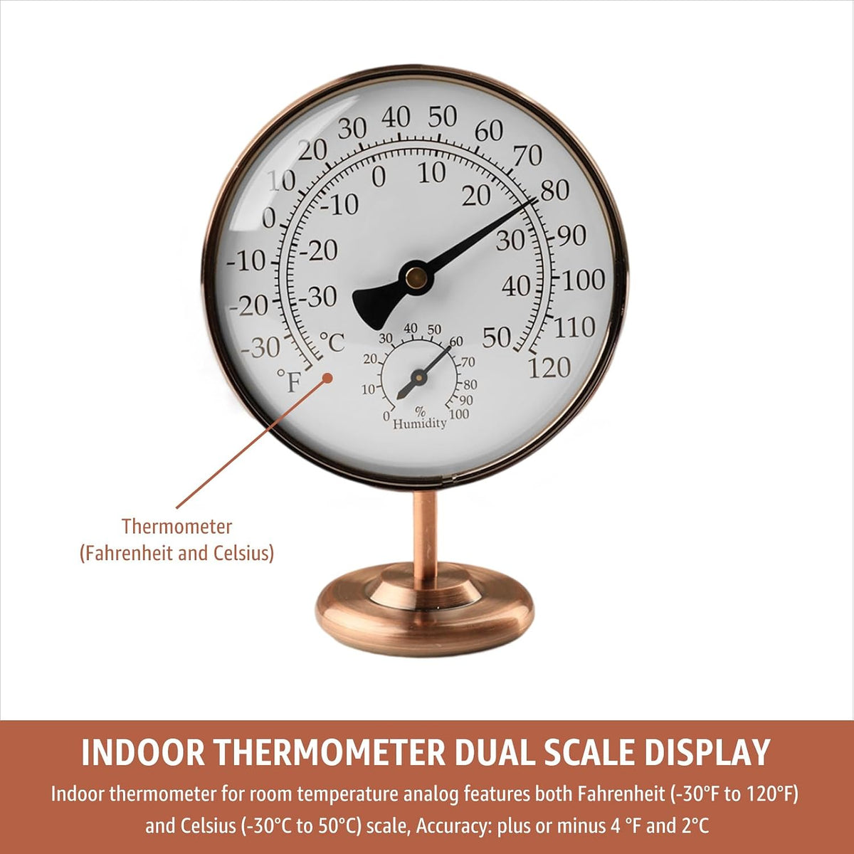 4" Indoor Thermometer & Humidity Gauge, Brass Dial with Stand