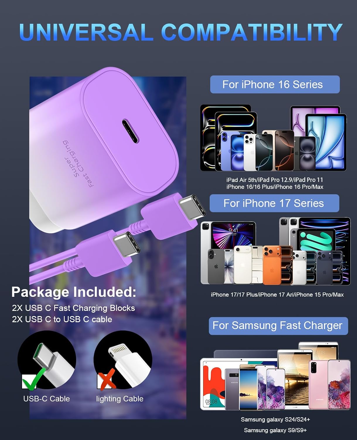 Phone 17 16 15 Charger Fast Charging,30W USB C Phone 17 16 15 Pro Max Charger Block&10FT Long Type C Cable Cord for i.Phone 17/17 Air/17 Pro/17 Pro Max/16/16 ProMax/15/15 Pro Max,Purple Gradient