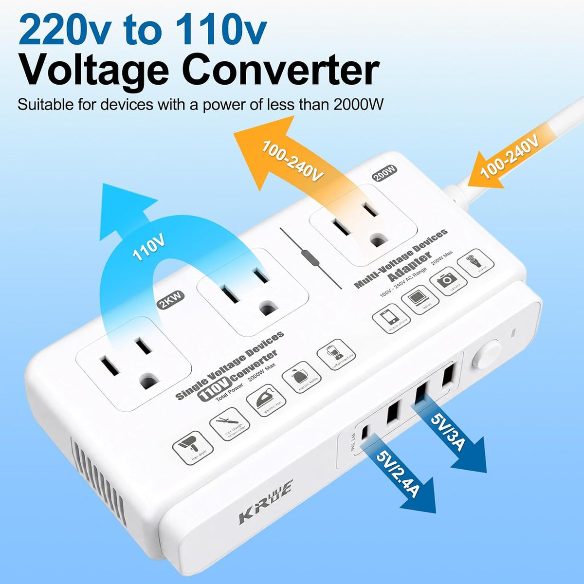 220v to 110v Travel Voltage Converter | International Universal Voltage Converter US to Europe Power Transformer, 2000W Electric Step Down Outlet Converter for EU UK
