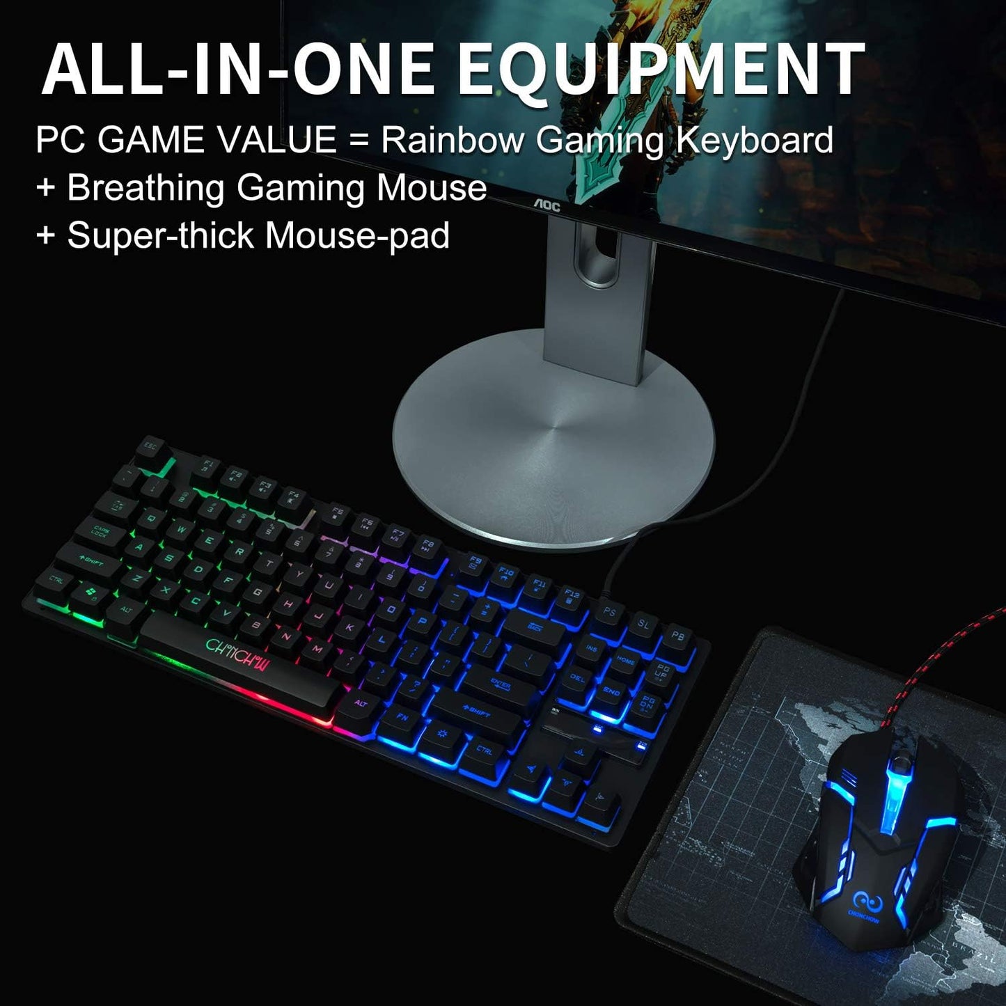 TKL Gaming Keyboard Mouse, Wired LED Keyboard RGB Mouse for PS4 Xbox PC Mac | 87 Keys Gaming Keyboard and 800-3200 DPI Rainbow Backlit Mouse