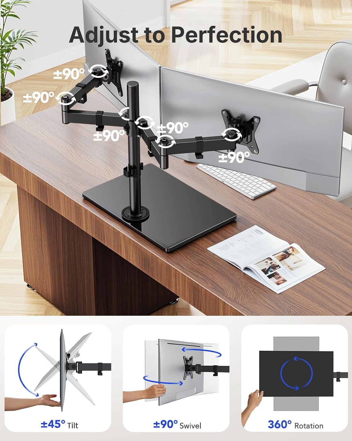 HUANUO Free Standing Dual Monitor Stand for 13-32 Inch Monitors, Glass Base | Free Standing Base, Two Setup Options, Adjustable Dual Arms, 22 lbs per Arm, VESA 75x75/100x100mm, Easy Portrait Rotation