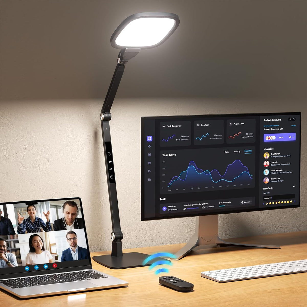 LED Desk Lamp for Home Office Video Calls, Reading, Swing Arm Task Lights