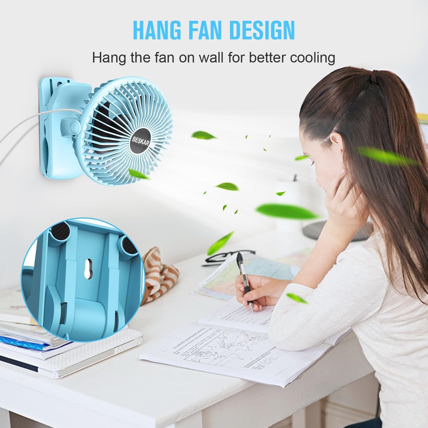 BESKAR USB Clip on Fan, Portable Small Desk Fan with Cord Powered | 3 Speeds Strong Airflow, Sturdy Clamp, Ultra Quiet Personal Cooling Fan for Office Dorm Bedroom Stroller