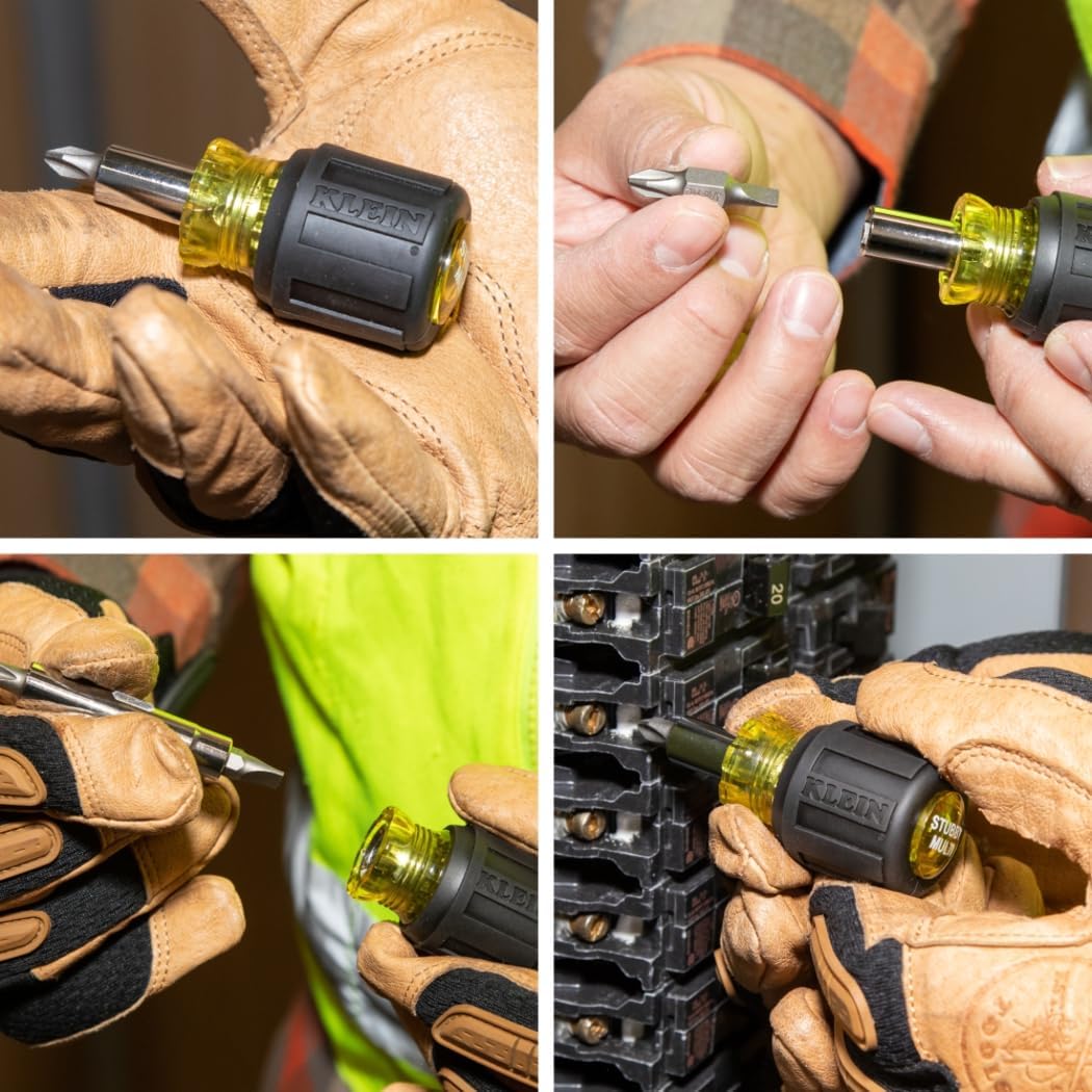 Klein Tools 32561 Multi-Bit Screwdriver/Nut Driver, 6-in-1 Stubby Screwdriver with 2 Phillips, 2 Slotted, 2 Nut Drivers