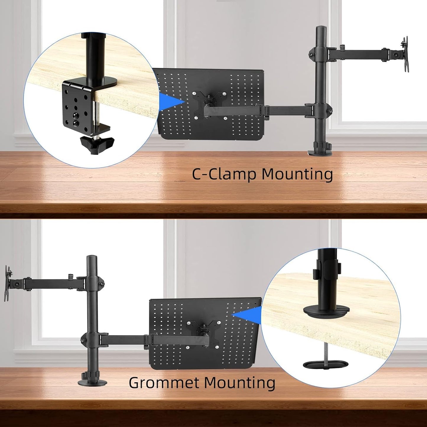 suptek Monitor and Laptop Mount Holds 13-32 inch Computer Screen, Adjustable Monitor Arm Stand with Laptop Tray for 13-27 inch, Hold 22 lbs, with Clamp and Grommet Mounting Base