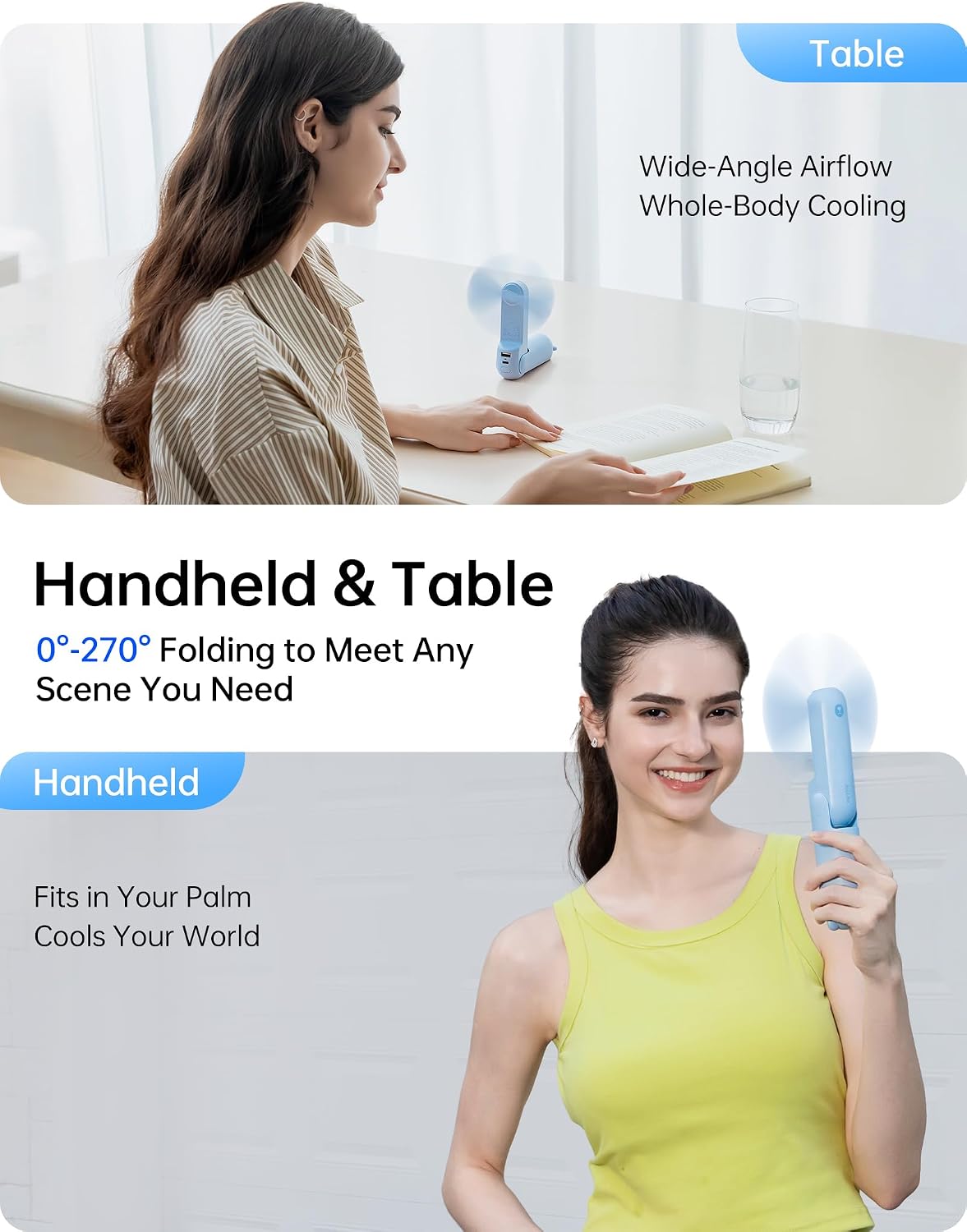 JISULIFE Handheld Fan 8 Plus: 40H Cooling & 4500mAh PowerBank & Flashlight | USB Rechargeable, Portable Pocket Size for Travel, Makeup, Concerts, Summer Gifts for Women(Blue)