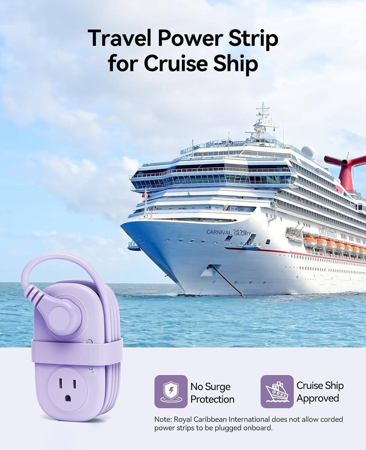 ORICO Purple Cruise Approved Travel Power Strip with 4FT Extension Cord | 4 AC Outlets, 2 USB-A Ports, and 1 USB-C Port, with Non Surge Protector for Travel/Dorm/Office ETL Listed -AP3