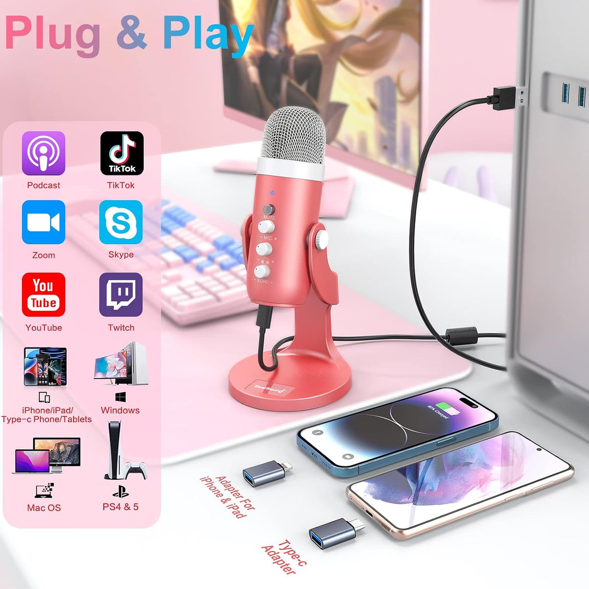 ZealSound Podcast Microphone for iPhone PC & Mac, Noise Cancellation USB Mic with Volume, Mute & Echo Control, Zero-Latency Monitoring, for ASMR, Podcasting, Vocal Recording & Voice-Over - K66 Pink