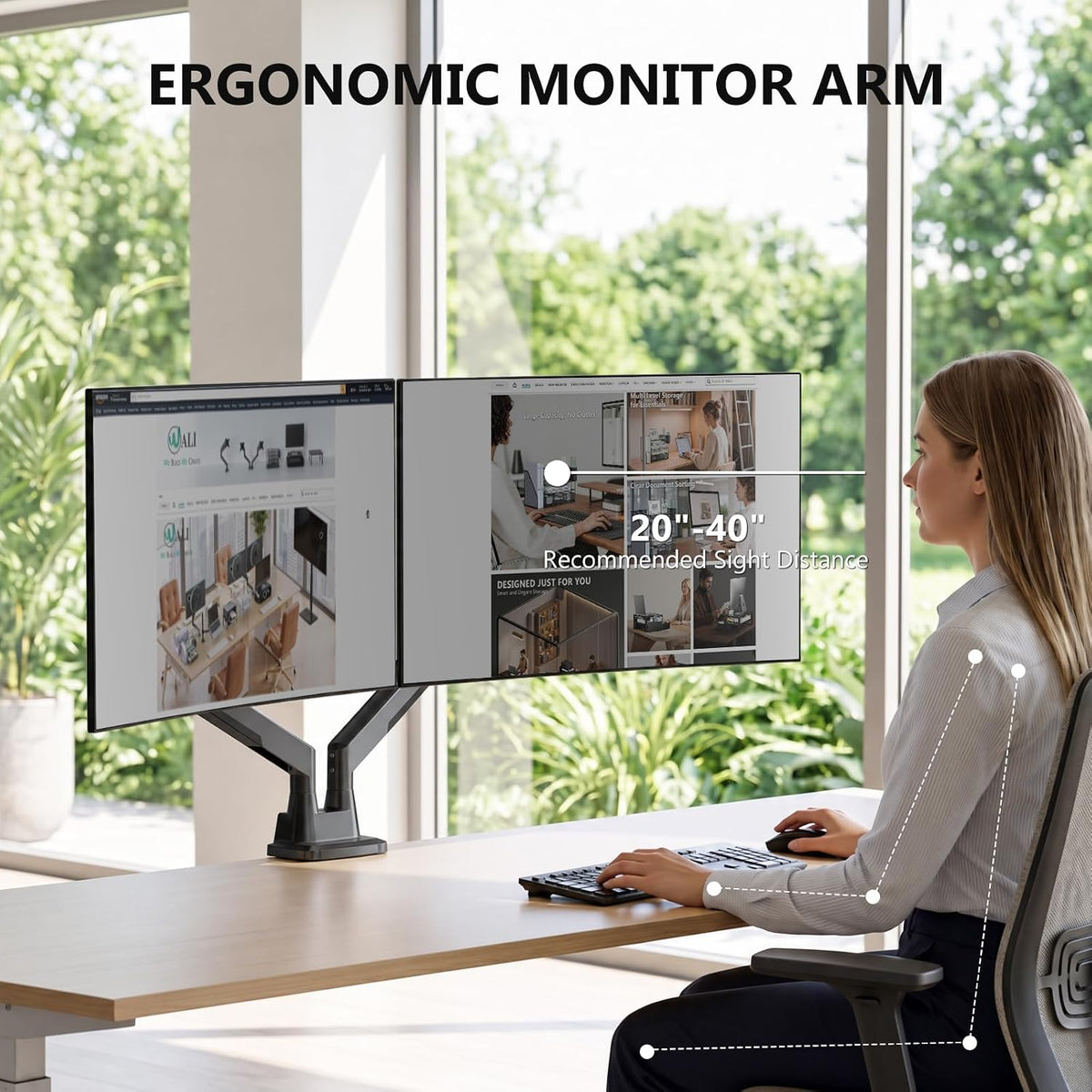 WALI Longer Dual Monitor Arm for 13-43 inch Curved Screens, 33 lbs per Arm