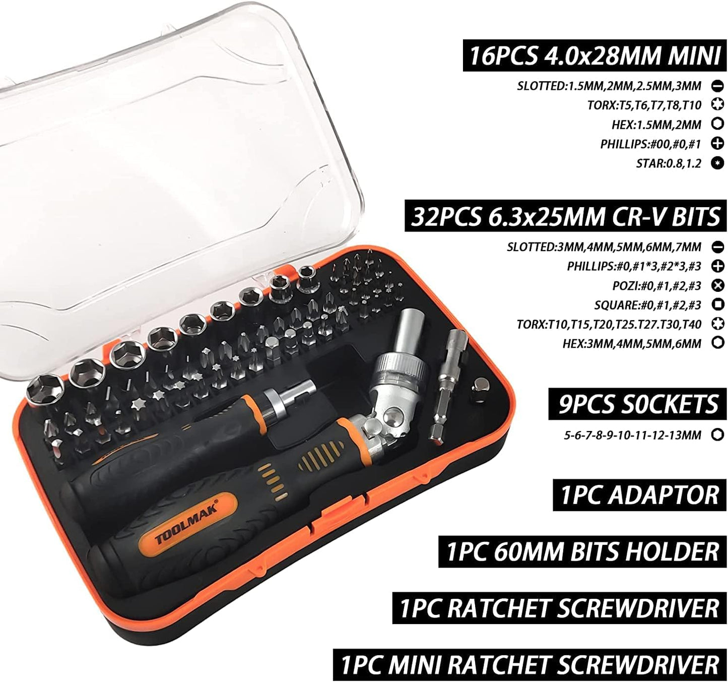 61pcs Ratcheting Screwdriver, Socket & Precision Bit Set | Cr-V Steel, Rotatable Handle, Storage Case Included, Ideal for Bike, Watch & Glasses Repair