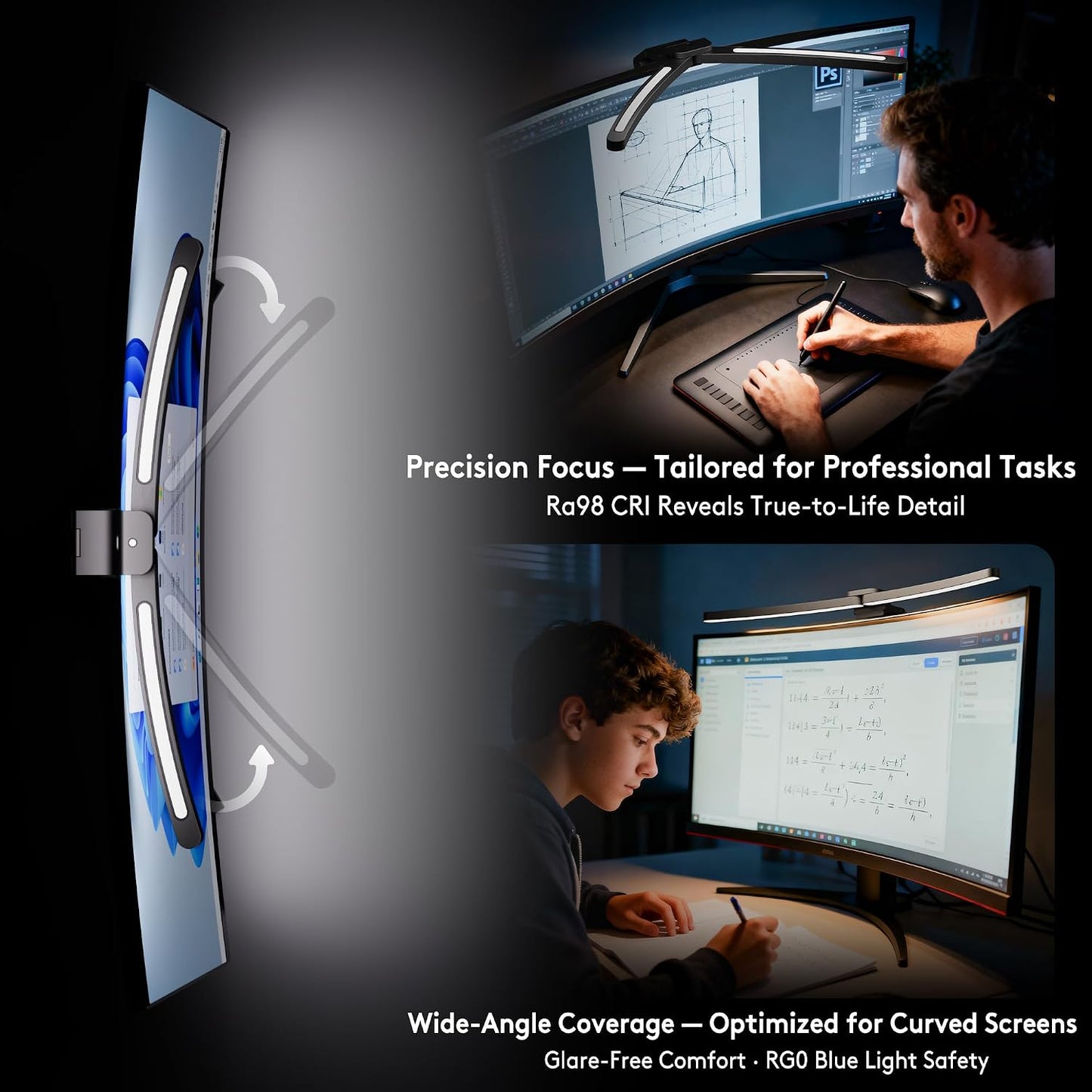 Quntis Curved Monitor Light Bar with Soft Backlight, Dual Curve-Matching Pivoting Arms for 1000R–3000R 34" Ultrawide Screens, 1400 Lux CRI 98 Eye Care Desk Light, Auto-Dimming & Remote for Home Office