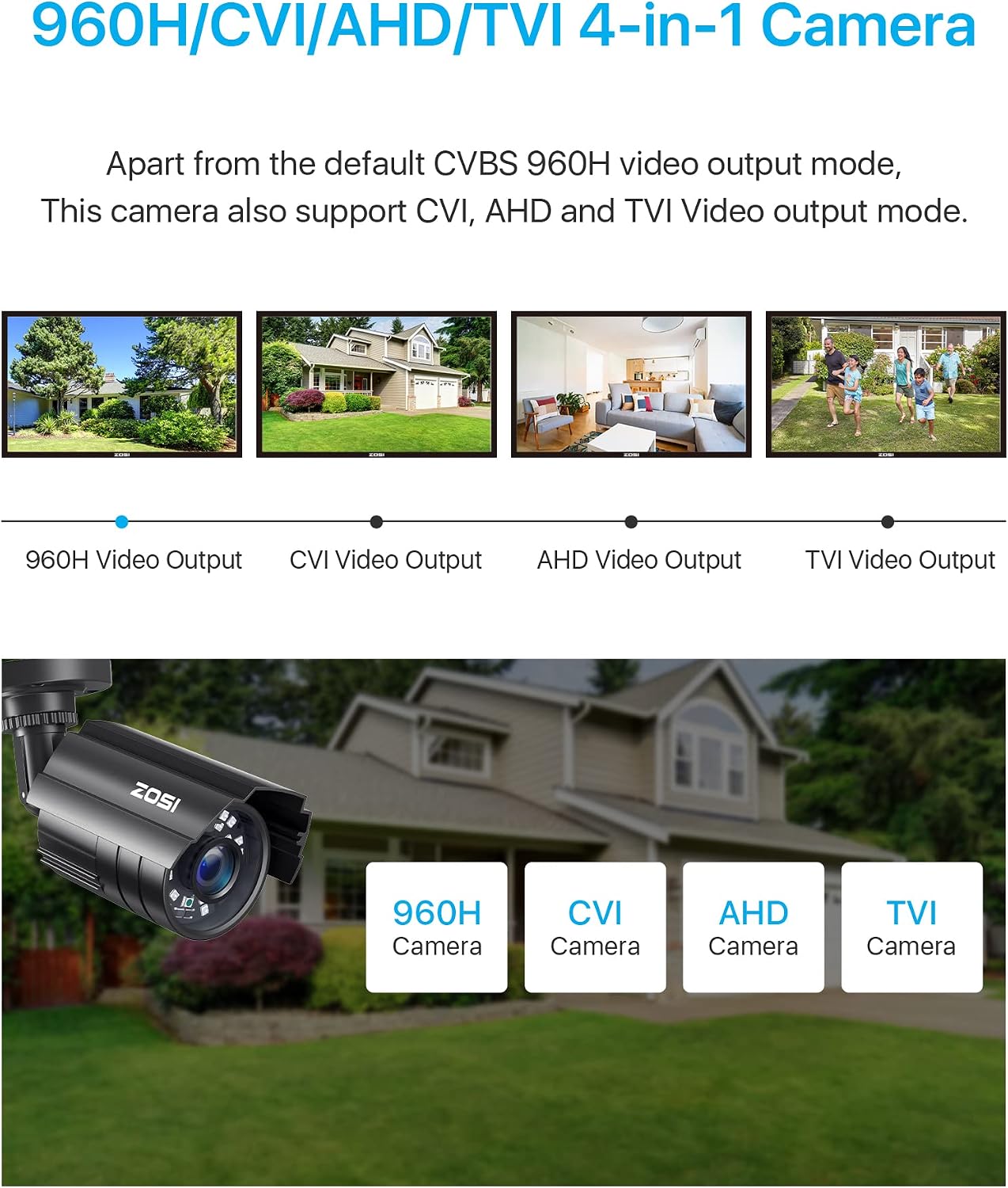 ZOSI 1080P CCTV Camera Outdoor Indoor Hybrid 4 in 1 HD TVI/CVI/AHD/CVBS Home Security Cameras System,Night Vision,Waterproof Metal Housing Bullet Cam For 960H,720P,1080P,5MP,4K analog Surveillance DVR