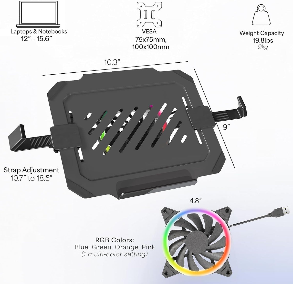 VIVO Universal Adjustable 12 to 15.6 inch Laptop Notebook Tray with RGB Fan, Fits VESA Compatible Monitor Arms, Black, STAND-LAP5F