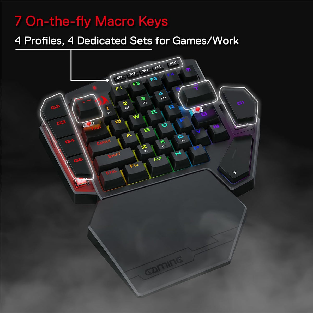Redragon K585 PRO Wireless One-Handed RGB Gaming Keypad, 42-Key Layout | 0-Delay 2.4GHz Connection, On Board Macro Keys Keyboard, USB Pass-Through Port, Hot-Swap Socket, Detachable Wrist Rest