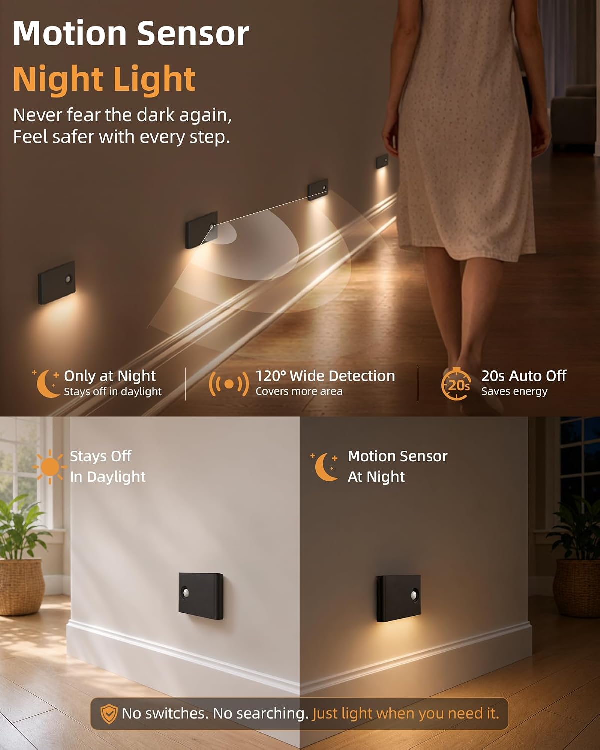 EZVALO 3 Pack Motion Sensor Night Lights, Sync LED Stair Lights Indoor, 1500mAh Rechargeable, Magnetic & Dimmable, 3000K Soft White, Portable Nightlight for Hallway, Stairs, Bathroom, Bedroom (Black)