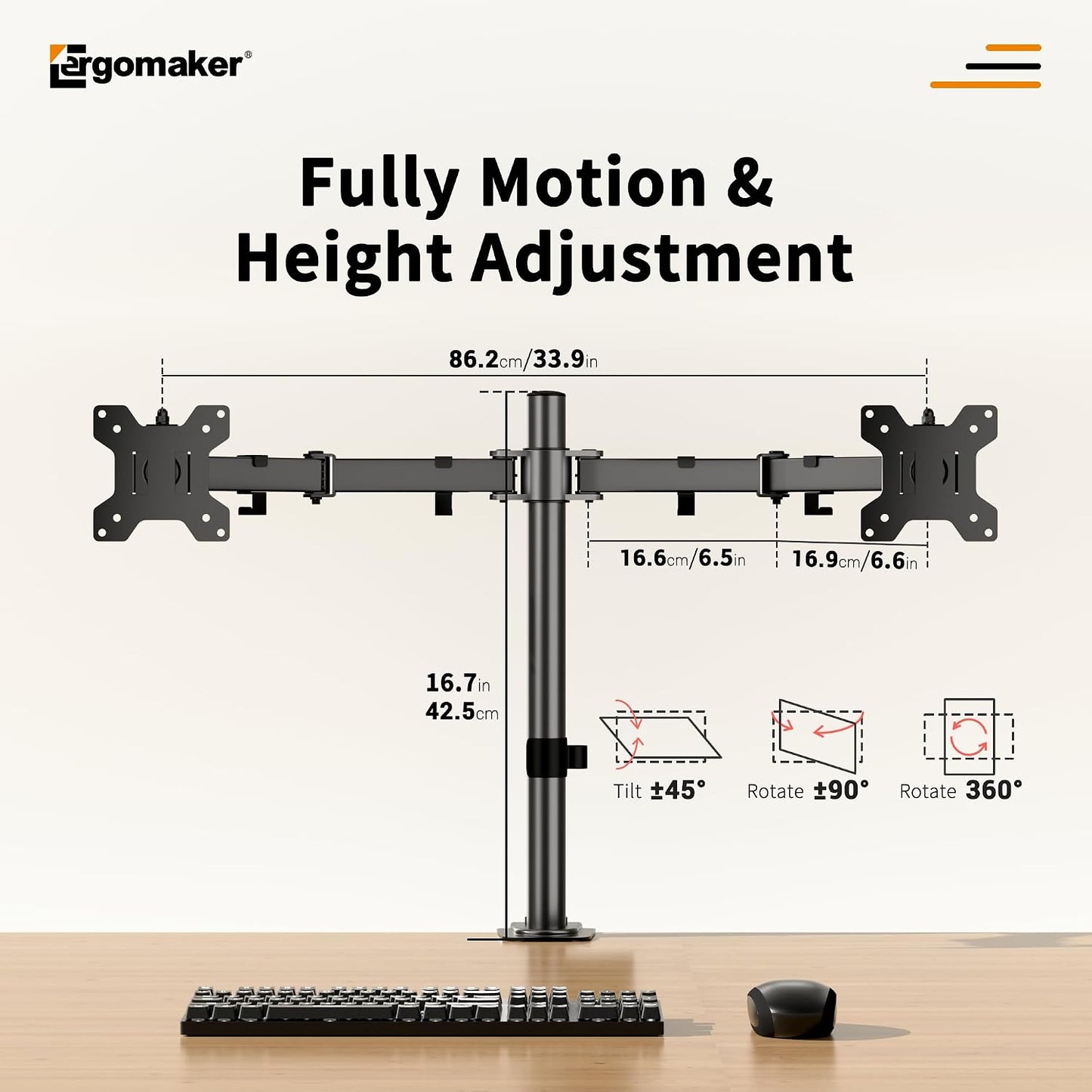 Dual Monitor Stand, Arm Monitor Desk Mount for 13" to 27" 2 Screens, Full Adjustable Height, Tilt Swivel Rotate, Holds 22 lbs per Arm, Easy to Install