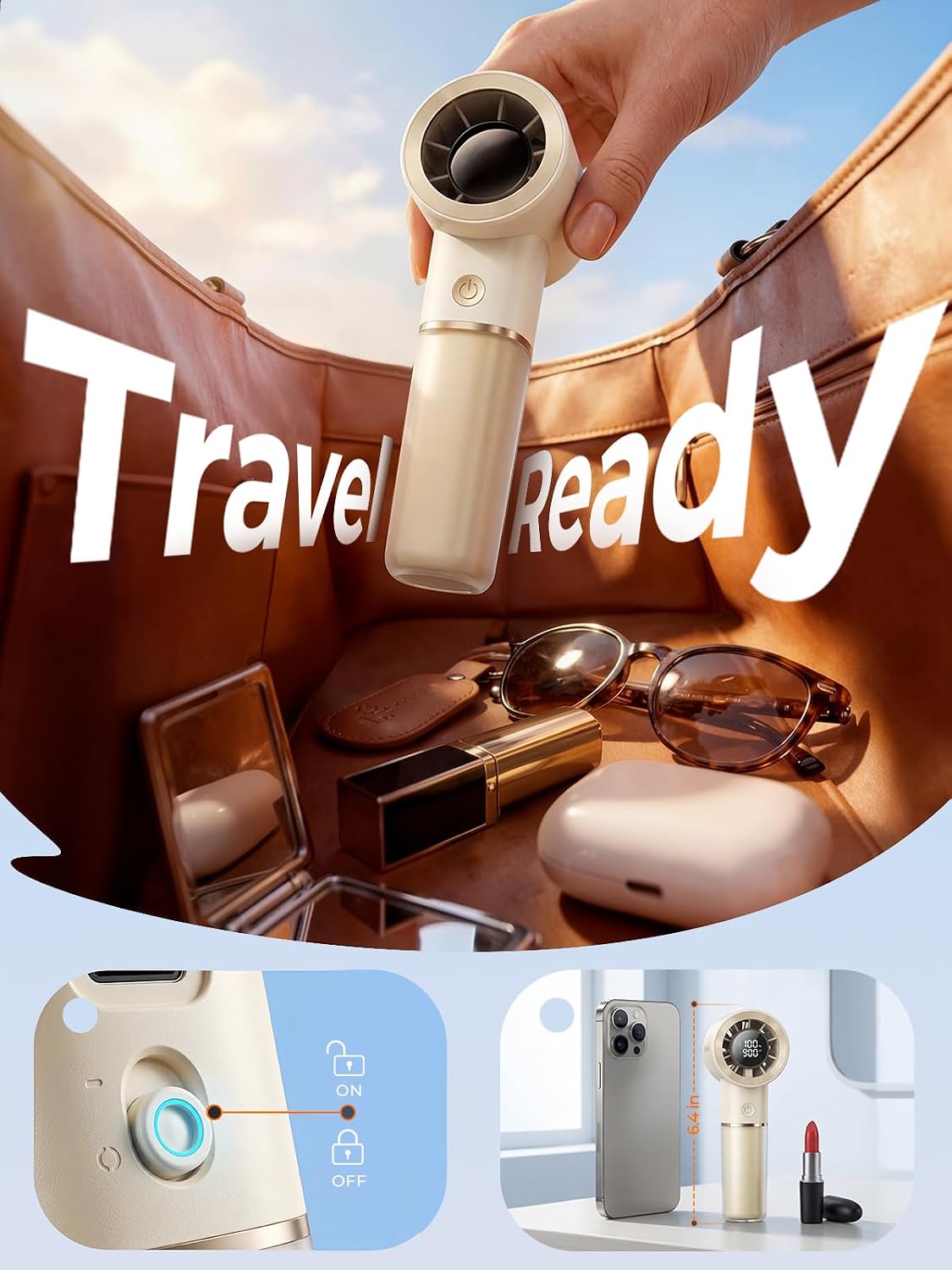Handheld Portable Fan, 6-Speed Rechargeable Powerful Mini Fan | 5000mAh Battery Up to 15 Hours Runtime, Smart LED Display, Pocket Turbo Personal Fan for Travel, Camping, Makeup