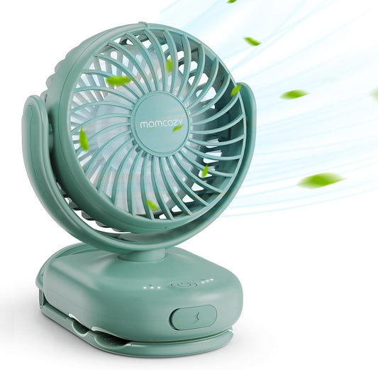 Momcozy Portable Stroller Fan with Clip, 4-Speed Mini Cooling Fan, 0.26 Lb | Ultra-Light Rechargeable Design, Gaps ≤ 4.5 mm, Rotating Handheld Cooling for Carriers, Backpacks and Tables