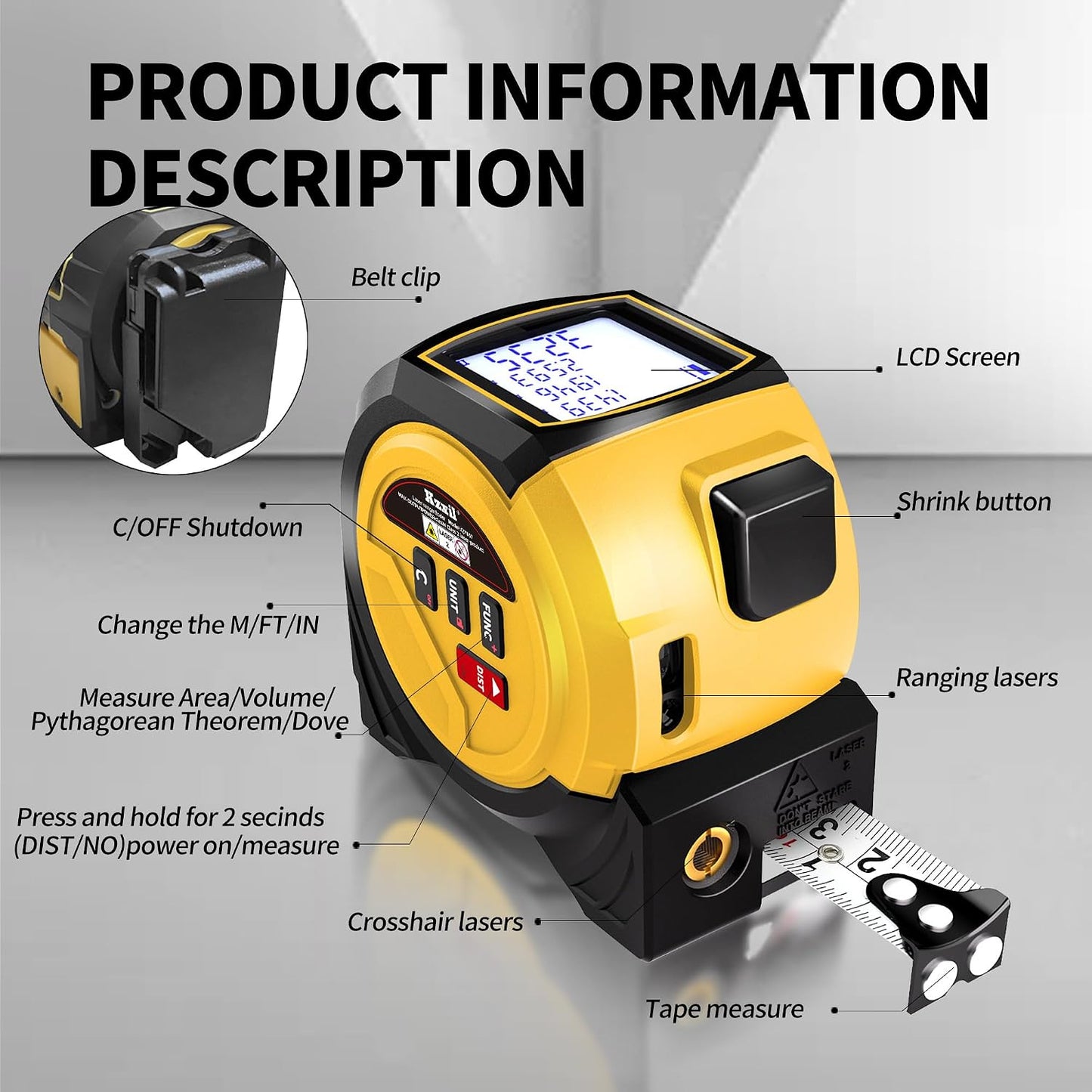 Laser Tape Measure 3 in 1 Laser Rangefinder Tape Measure | 131ft Laser Distance Meter & 16ft Tape Measure for Home Diy Pythagorean, Area, Volum, Multi-Unit Conversion (Ft/Ft+in/in)