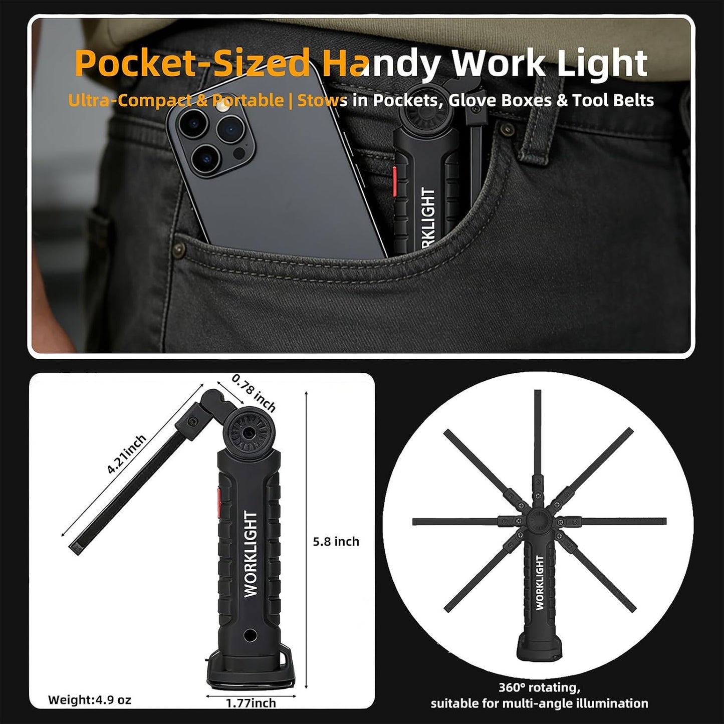 Tool Fathers Day Dad Gifts for Men Him Husband LED Rechargeable Work Light | for Mechanic with Magnetic Base Hook, Grill Light Inspection Flashlight 5 Modes 360° Rotate Car Repair Emergency Birthday