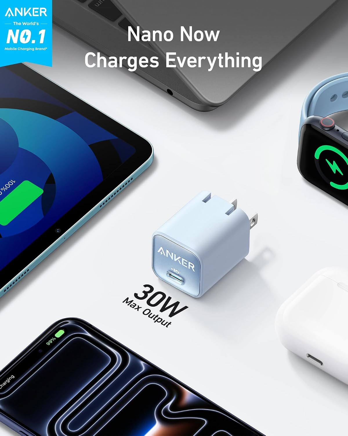 Anker Nano Phone Charger, 30W Portble and Foldable USB C GaN Charger | For iPhone 17/17 Plus/17 Pro Max/16/16 Plus/16 Pro Max/15 Pro Max, Galaxy, iPad, and MagSafe-Compatible Accessories