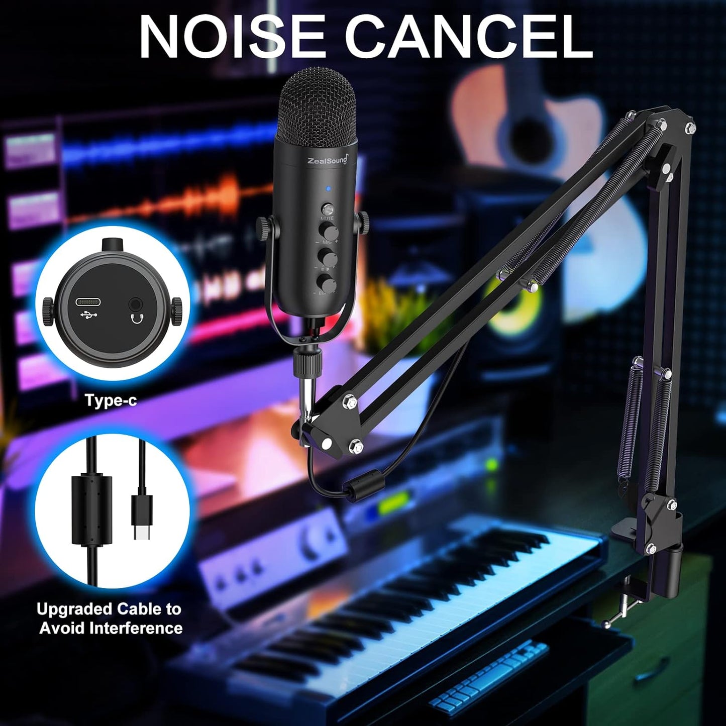 ZealSound Podcast Microphone with Boom Arm, USB Mic with Noise Reduction, Mute, Echo & Volume Control, Zero-Latency Monitoring, Compatible with PC Mac iPhone & Android, for Podcasting Gaming YouTube