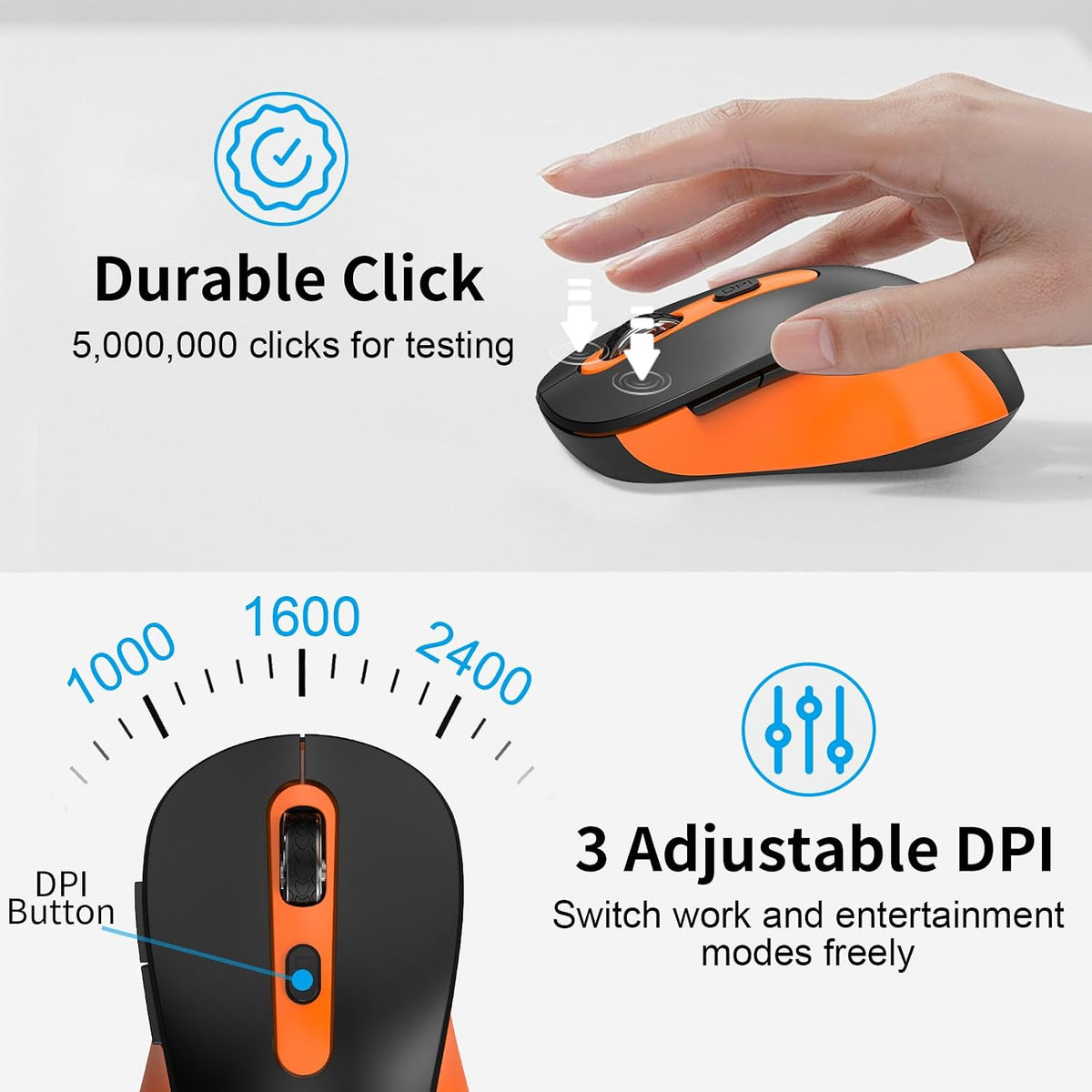 Wireless Mouse for Laptop, PC, Chromebook, Mac, MacBook, Silent Mouse with USB Nano Receiver, Side Button, 2400 DPI, Anti Slip Roller, 6 Button Ergonomics Cordless Computer Mice - Black Orange