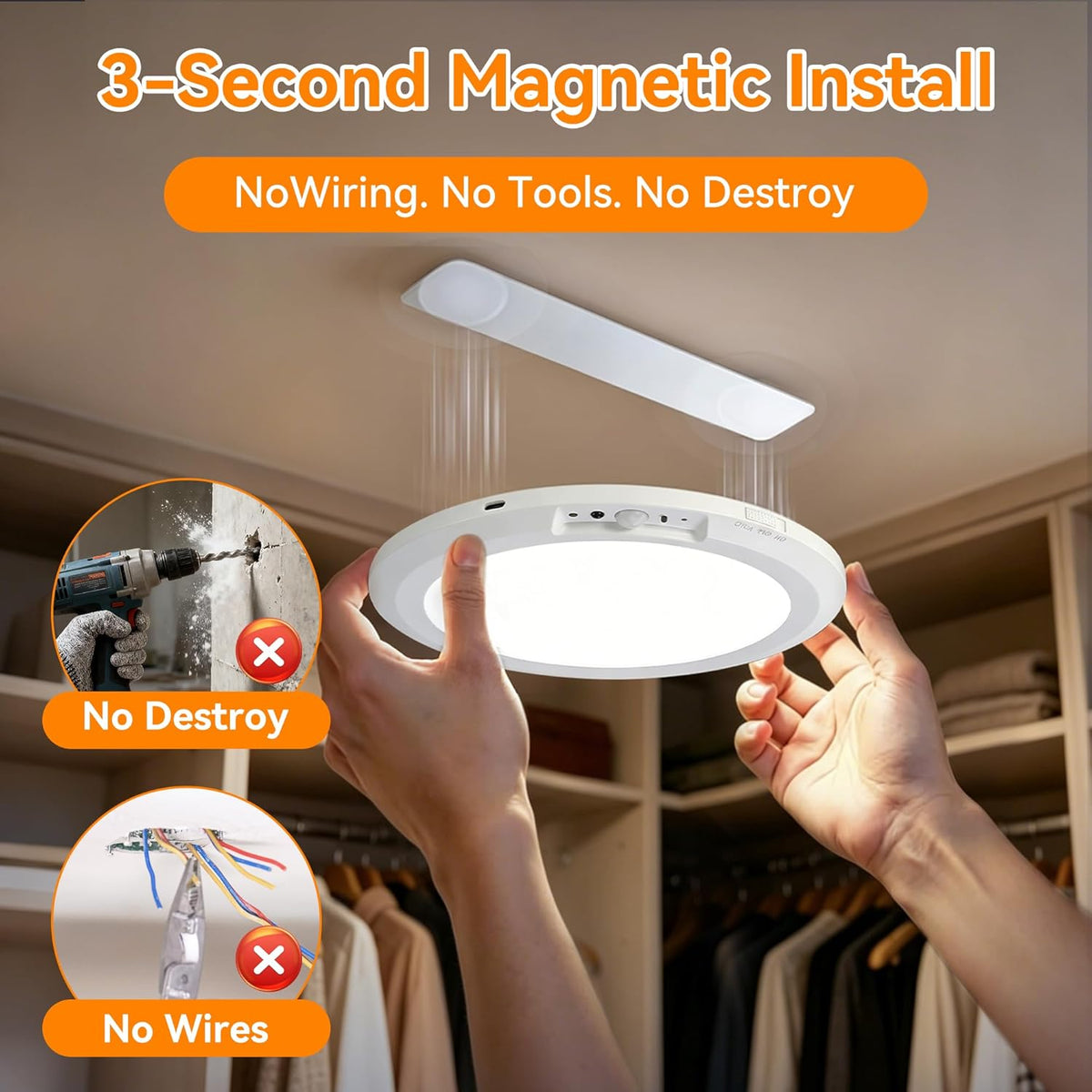 10000mAh Rechargeable Ceiling Light, Battery Operated Motion Sensor Closet Light with Remote, 3 Color Temperatures Dimmable Magnetic Mount for Closet Shower Hallway (1)