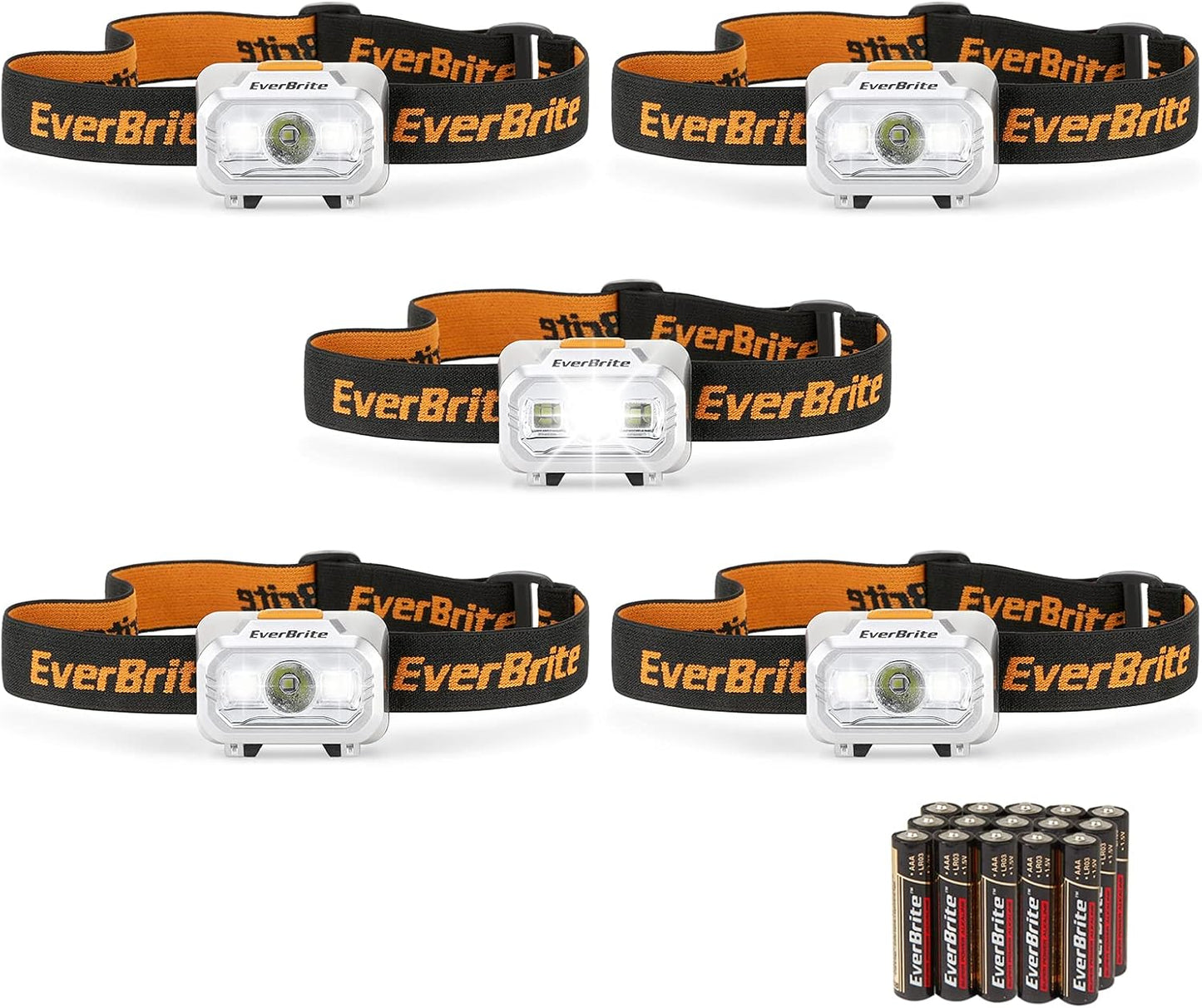 EverBrite 5 Pack LED Headlamp, 4 Lighting Modes with Pivoting Light Head | Batteries Included, IPX4 Water Resistant, Adjustable Headband, Battery Powered, Ideal for Camping, Running, Hiking, Emergency