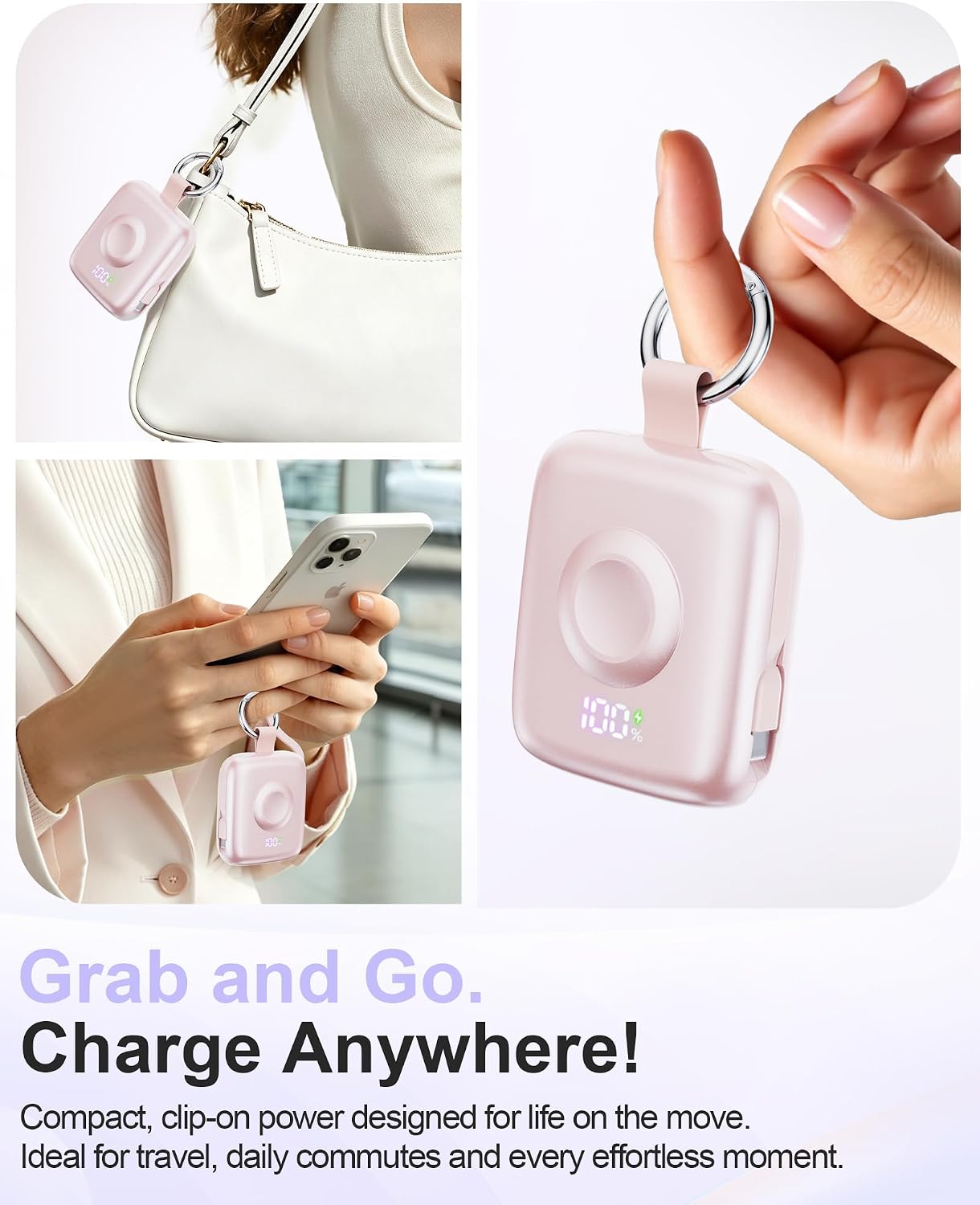 Portable Charger 3 in 1, Smaller 10000mAh Built-in Cables 22.5W Power Bank | Travel Essentials, Fast Charging Keychain Battery Pack for iPhone17/16/15/14/13, Android, iWatch Ultra/11/10/9/8, Pink