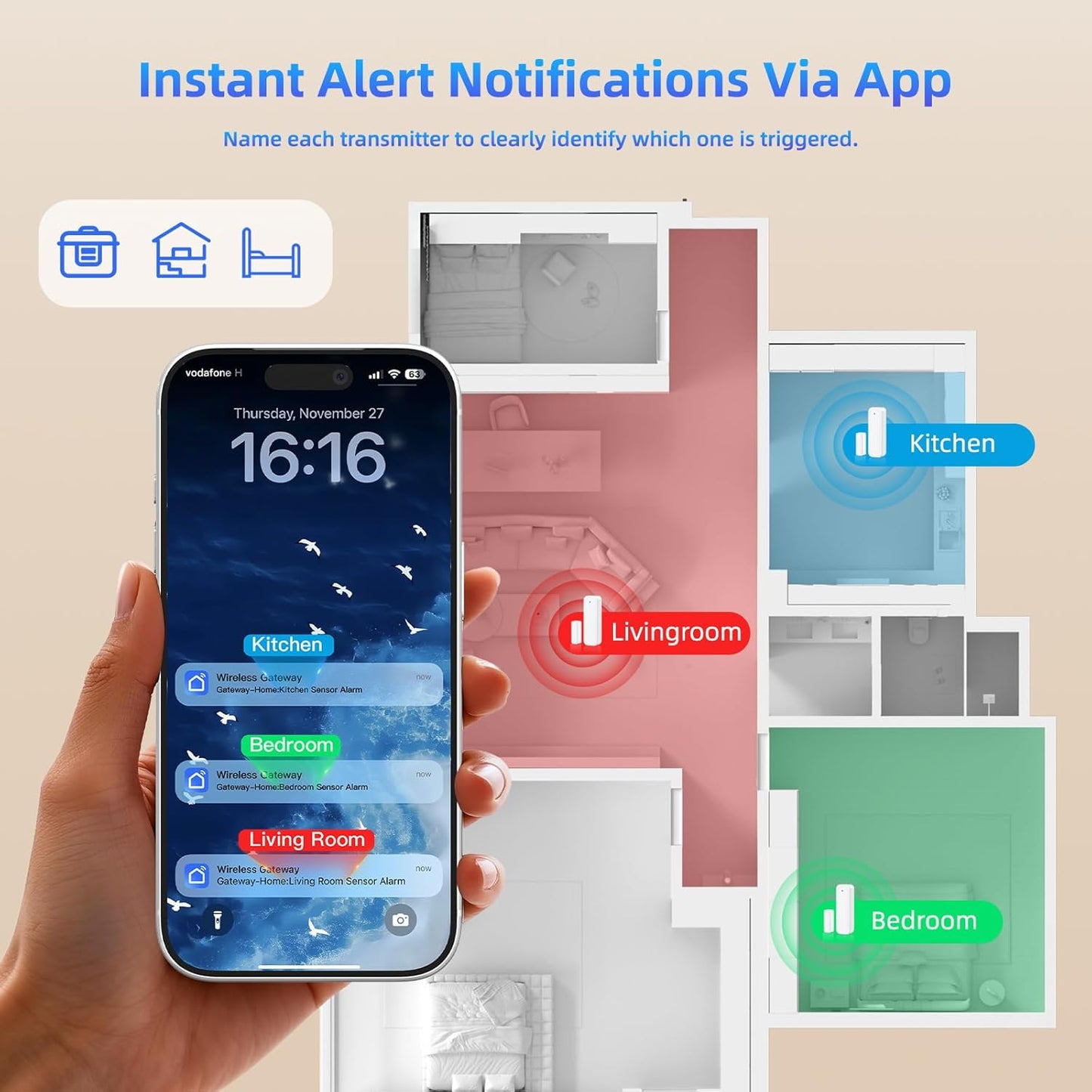WiFi Door Sensor Chime, Smart Door Open Alert Window Sensor | For Business/Home/Kids Safety, Window Contact Alarm with Free App Notification, 500ft Range, 32 Melodies, 5 Volume Levels