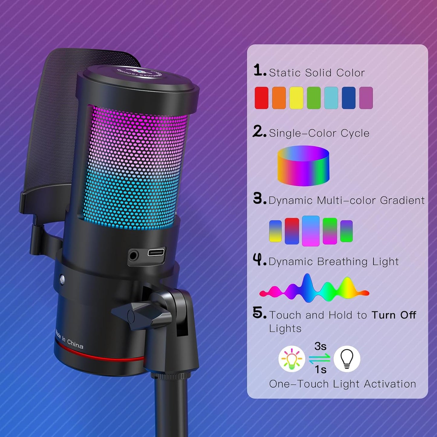 ZealSound USB Microphone for PC Mac iPhone & Android, Podcast Mic with Noise Cancellation, Touch Mute, RGB Light, Volume & Monitor Control, for Streaming Gaming Podcasting ASMR TikTok Discord YouTube