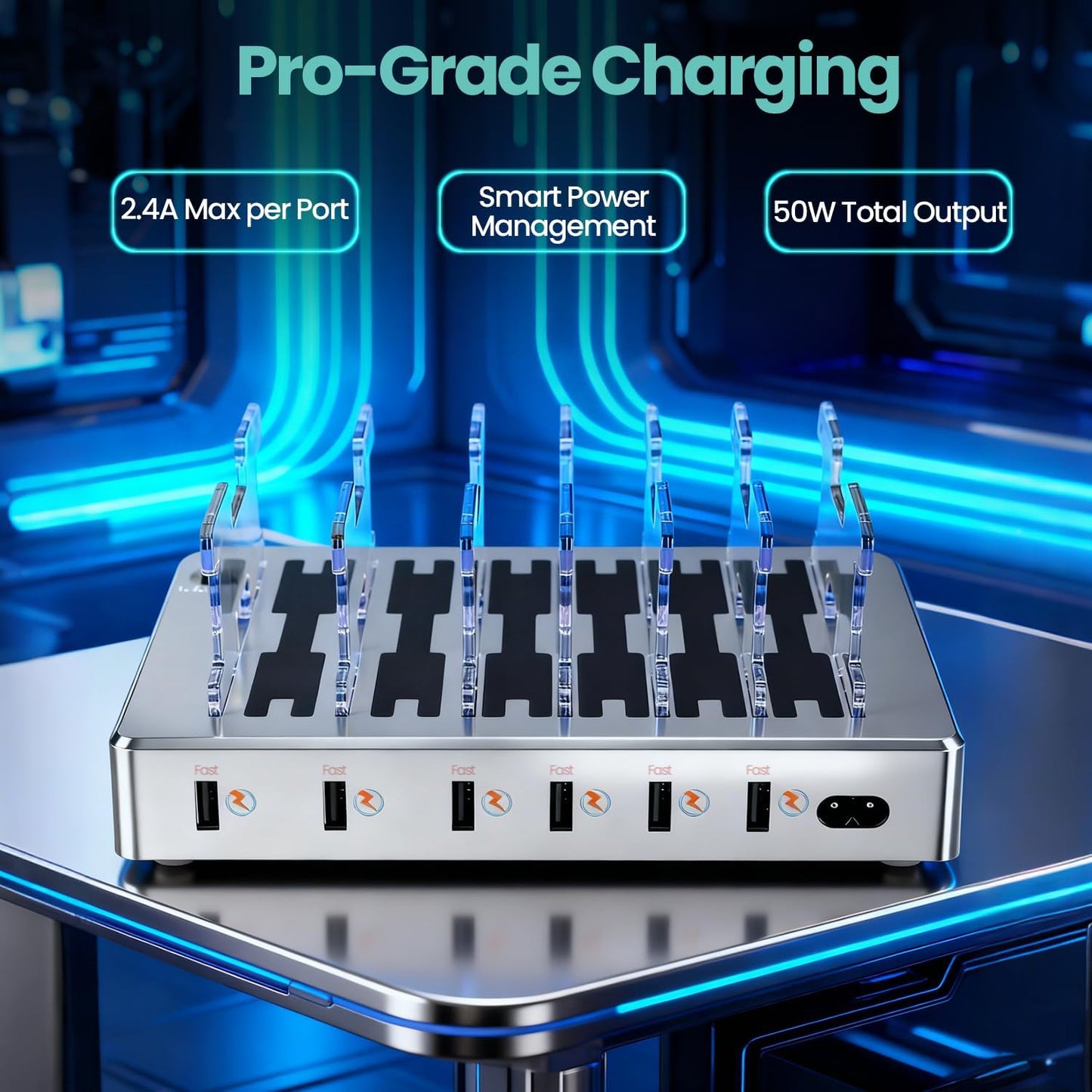 300W Fast Charging Station for Multiple Devices, 6 Port USB Charging Hub, Universal Desktop Charger Organizer Compatible with iPhone iPad Android Phones Tablets Kindle Home Office Travel