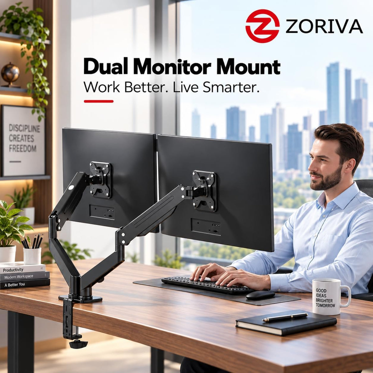 Dual Monitor Arm Full Motion Gas Spring Desk Mount for 17-32" Screens, Space-Saving VESA Stand for Gaming, Work, and Productivity