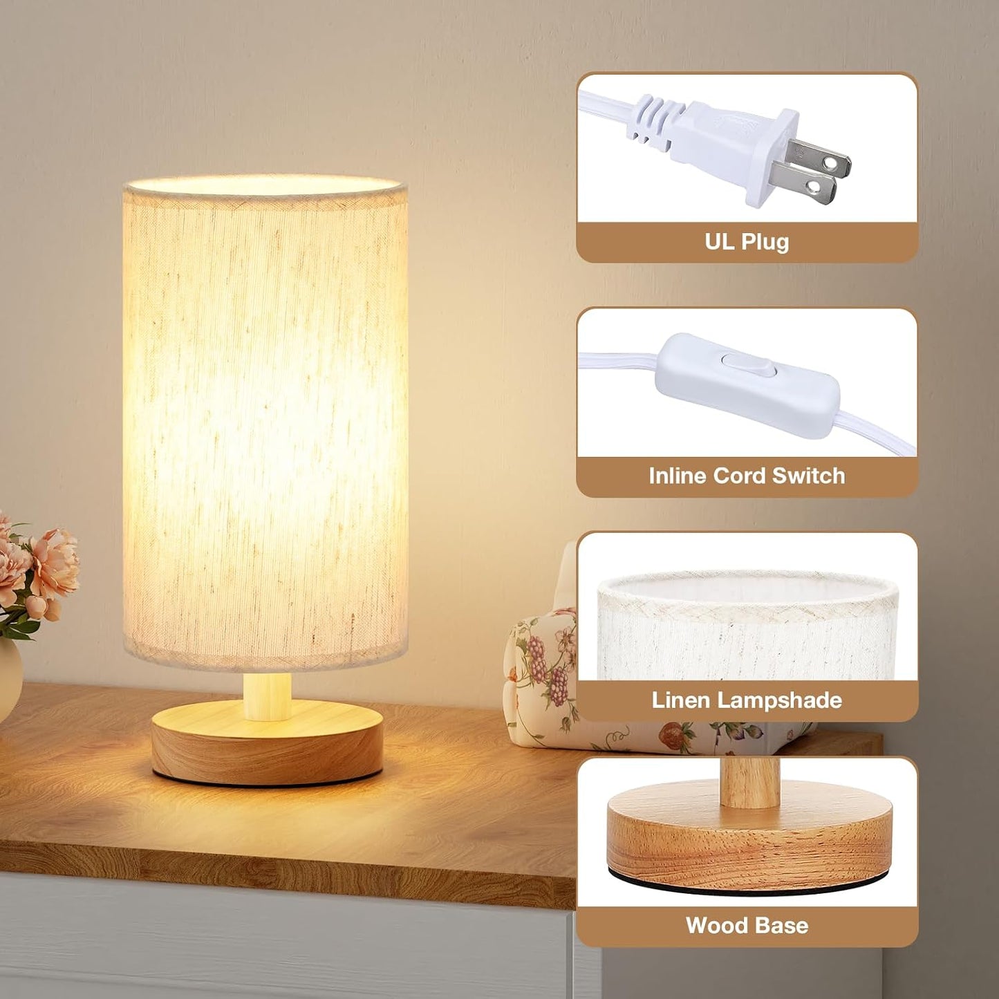 9" Small Table Lamp for Bedroom - Inline Control with 3000K Blub | Cream Shade and Wood Base | 680 Lumens | Easy Assembly | Minimalist Design | E26 | for Kitchen | for Kids Room