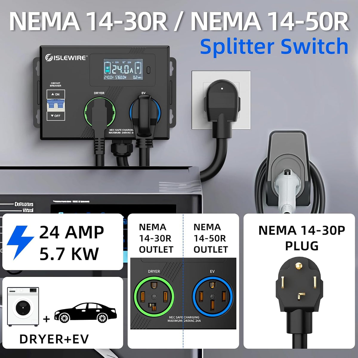 Smart Dryer Splitter for EV and Dryer, 240V Auto Power Switch for Dryer Outlet, 3-Color LED Ring, 3.4" LCD Display, No Rewiring Needed, NEMA 14-30 Plug, NEMA 14-30 & NEMA 14-50 Outlets (24 Amp)
