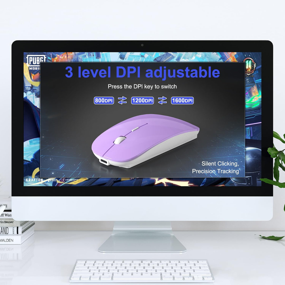 Bluetooth Wireless Mouse for MacBook Air Mac Pro Laptop Computer iPad Pad PC Laser Optical Rechargeable Mini Slim Silent Mouse Widely Used Desktop Hp iMac (Purple)