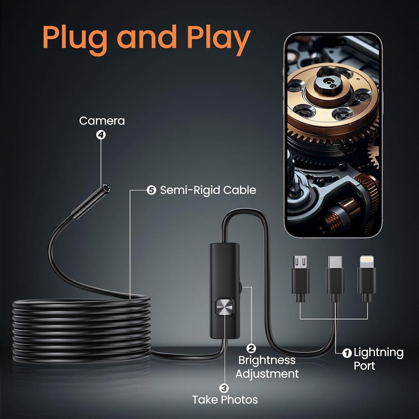 Endoscope Camera with Light, 1920P HD Borescope with Dimmable LED | Endoscope Camera for iPhone & Android, 16.4ft Semi-Rigid Snake Camera, IP67 Waterproof Inspection Tools, Gifts for Men