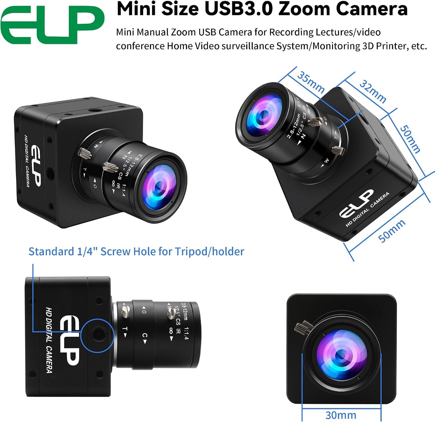 ELP High Speed Global Shutter USB3.0 Zoom Camera, 720P/200fps, 1200P/120fps, USB3.0/2.0 Manual Focus Lightburn Cameras for Windows, Linux, Mac, Pi, Fast Frame 2.8-12mm 4X Zoom AR0234 Webcam for PC