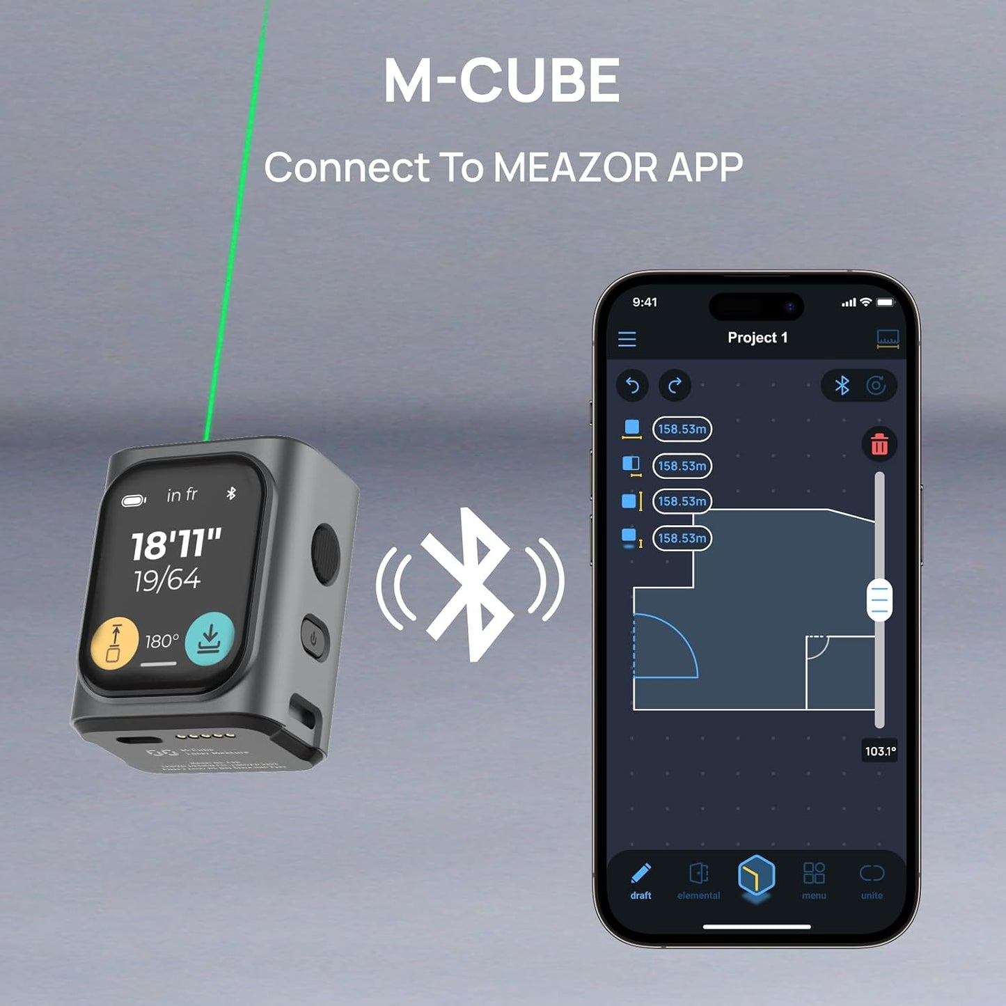 M-Cube Green-Beam Laser Measuring Tool, 164ft/50m, ±1/16 inch Accuracy, Small Size, High-Visibility Real Green Beam for Outdoor, Area/Volume/Pythagorean, LCD Display, Bluetooth App, Rechargeable