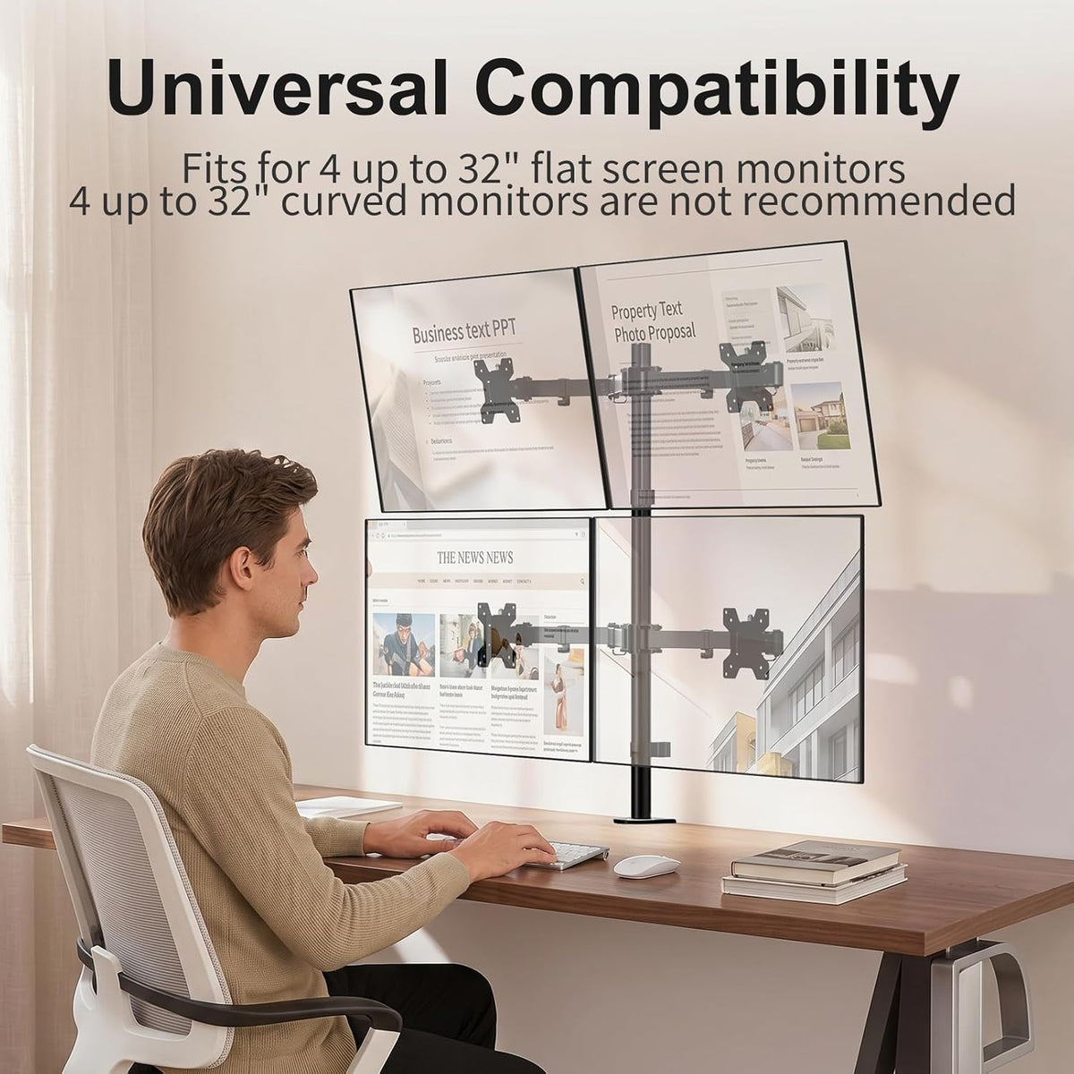 WALI Quad Monitor Desk Mount for 13-32 inch Computer Screens, 22lbs per Arm