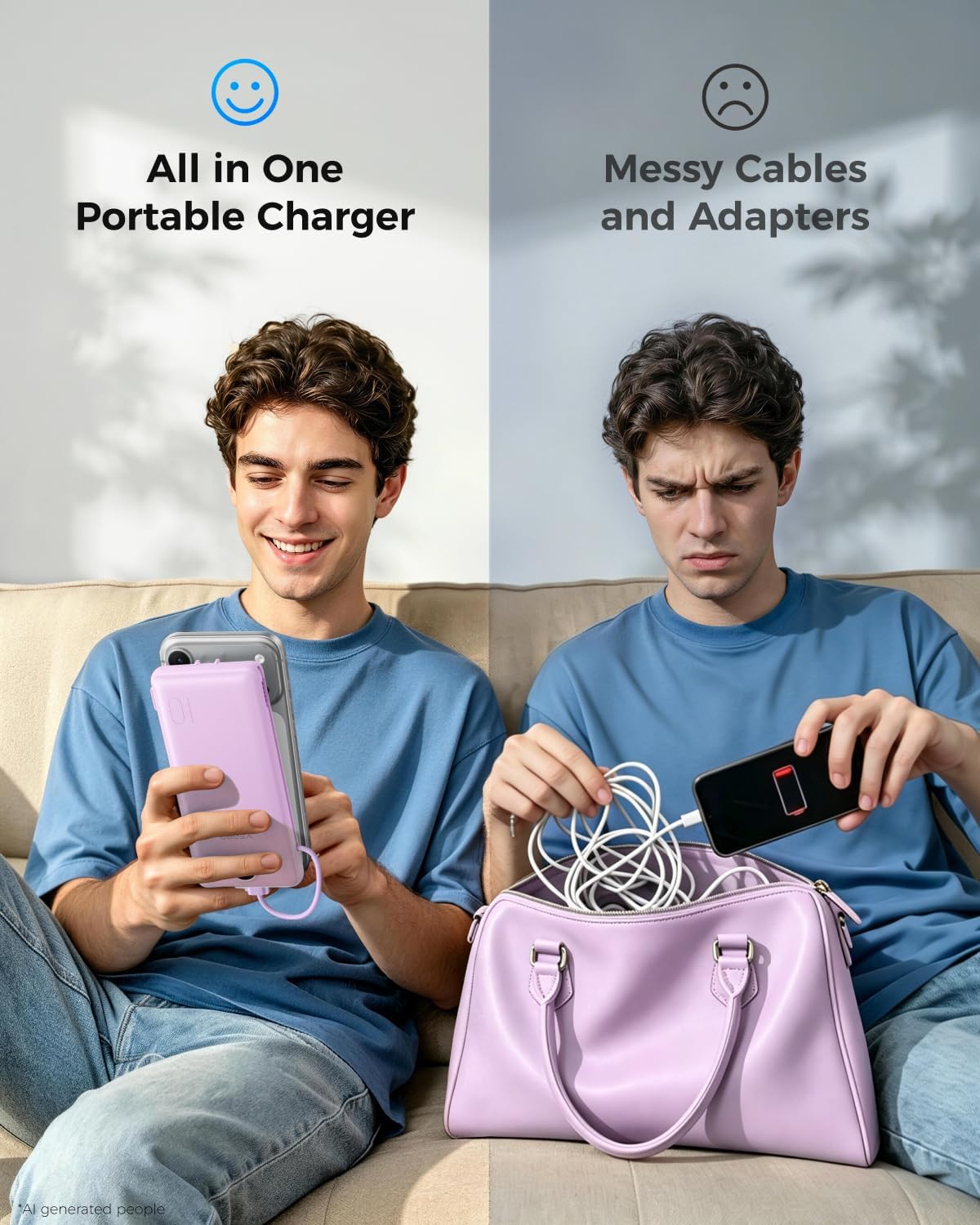 VEGER Portable Charger for iPhone, Power Bank Built in Cable and Wall Plug | 10000mAh Slim USB C Battery Pack, Travel Essentials for Camping Cruise Business Trip, Compatible with Smart Devices, Purple