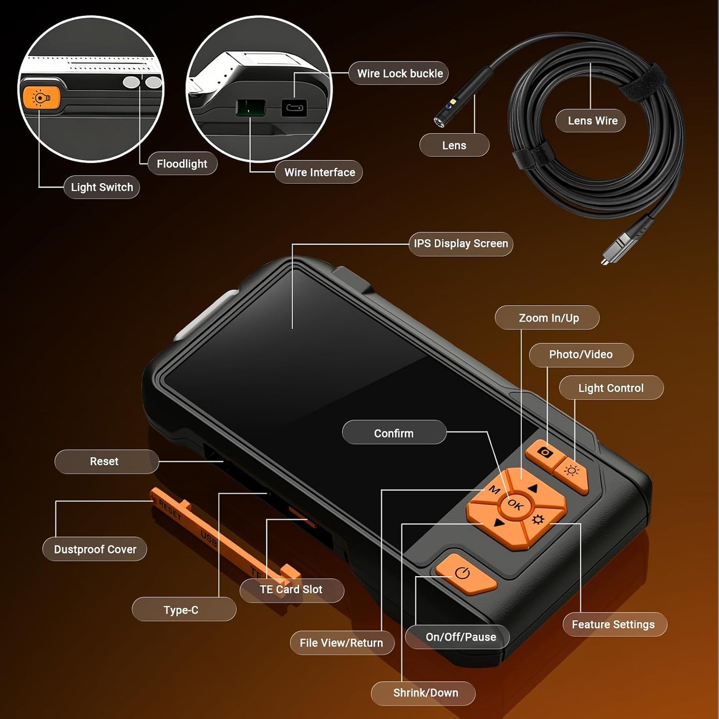 Dual Lens Endoscope Camera with Light, 1080P Borescope | 5" IPS screen inspection camera with 16.5FT semi-rigid snake cable & 32GB card for automotive plumbing
