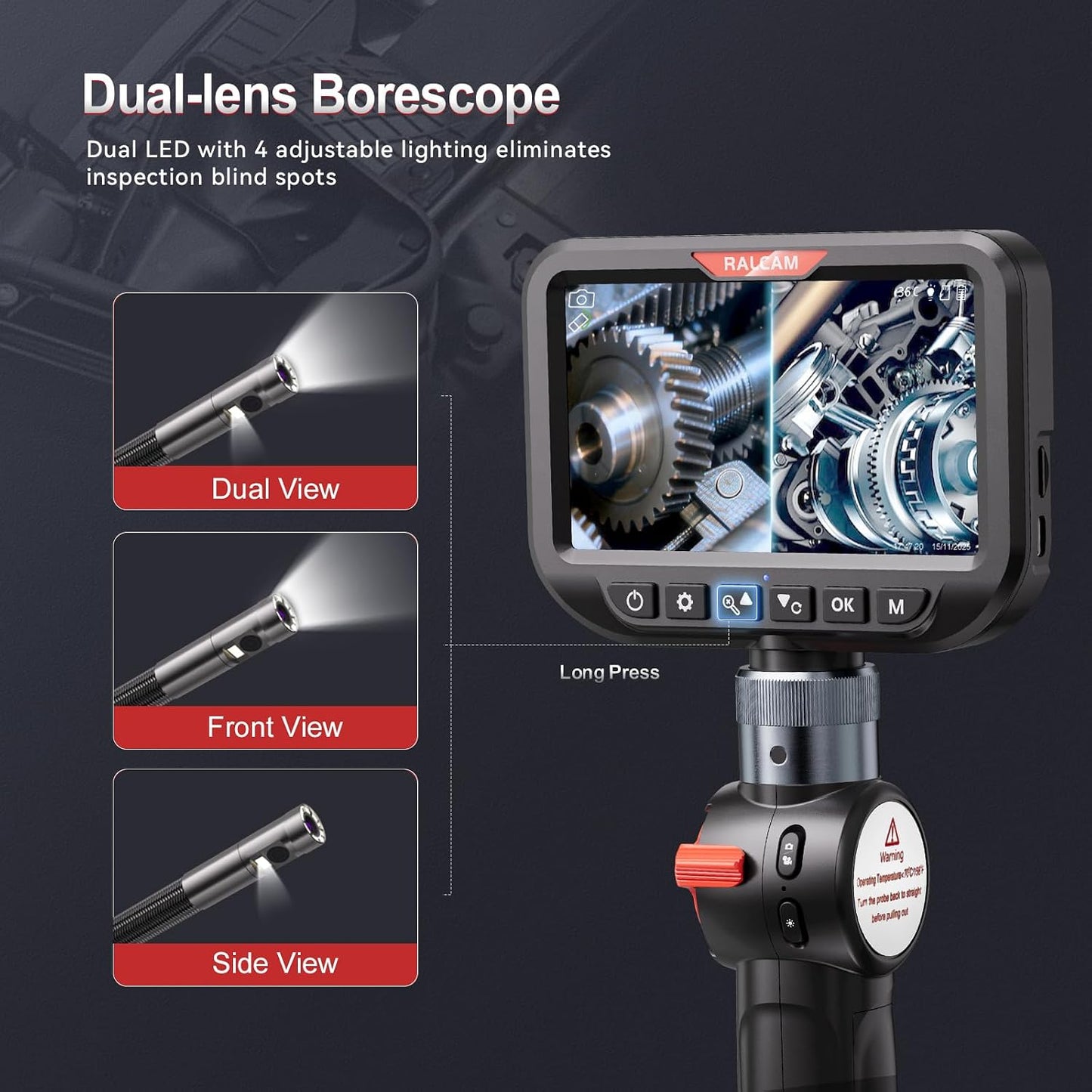 Dual Lens Articulating Borescope Camera with Light, Slim Probe | 5" HD Two-Way Articulated Endoscope Inspection Camera for Automotive, HVAC, Pipes, Wall 8.5mm-10FT Semi-Rigid Cable