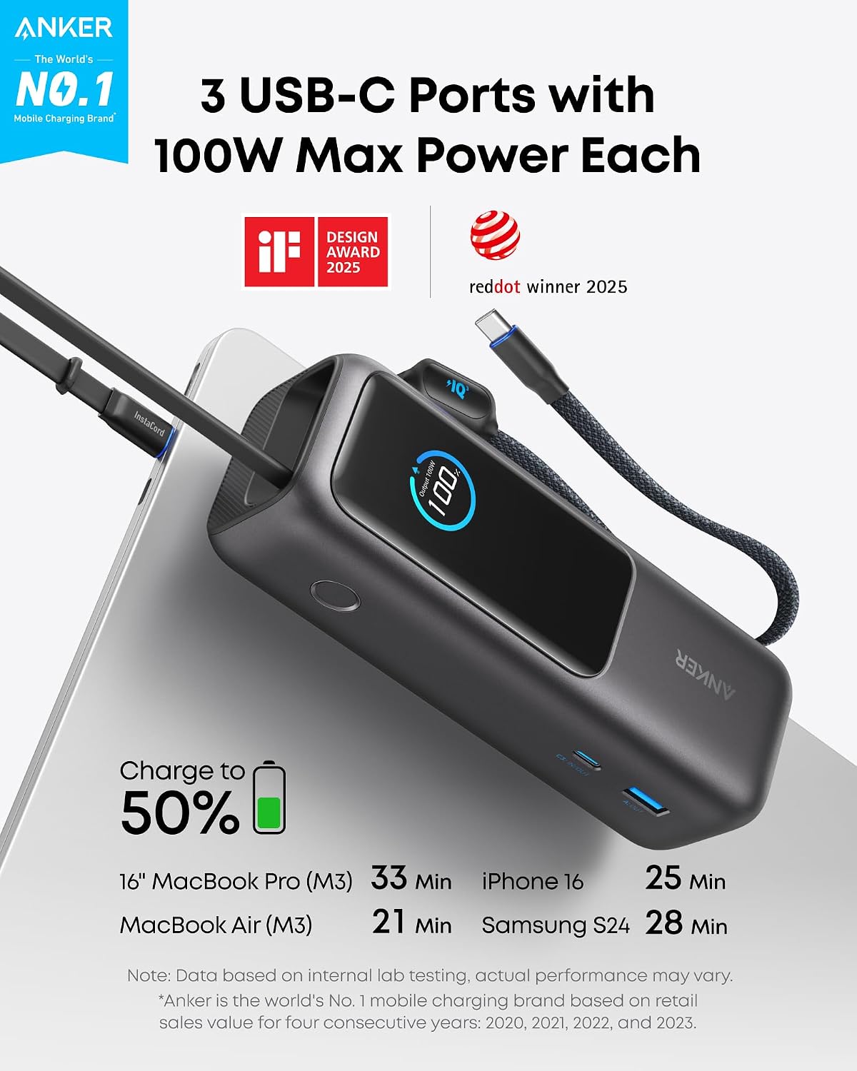 Anker Laptop Power Bank, 25,000mAh Travel Essential with 165W Total Output | 3 USB-C Ports with 100W Max Each, Built-In Retractable Cables, Flight-Ready, for iPhone 17 Series ,MacBook, and More