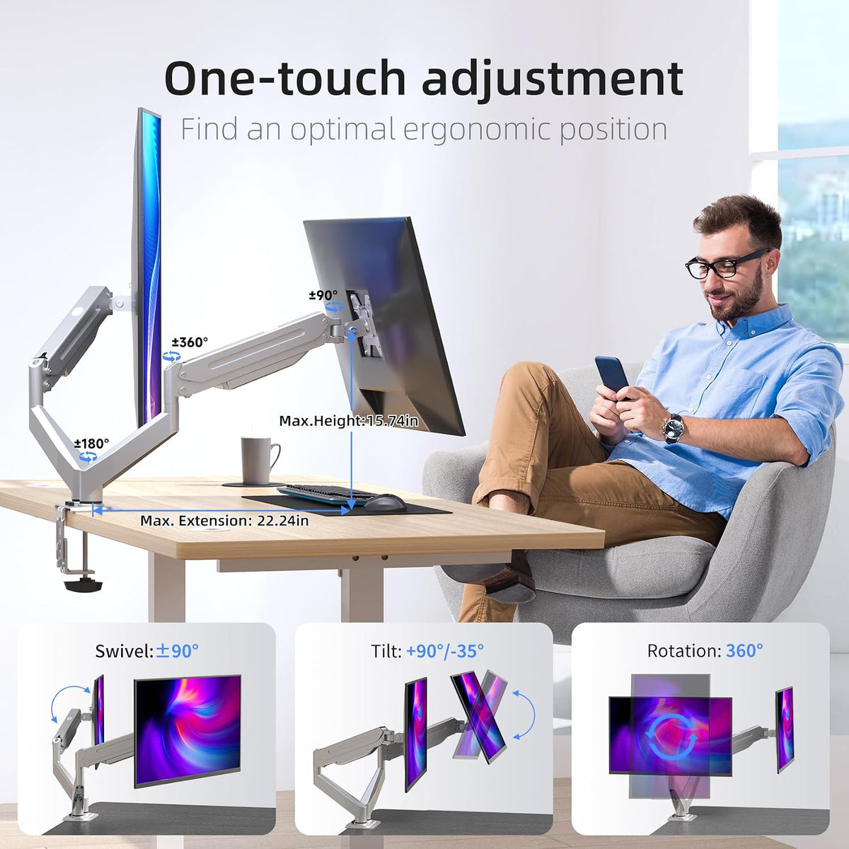Suptek Dual Monitor Mount Stand-Height Adjustable Gas Spring Monitor Arm Desk Mount for 2 Computer Screens 17 to 32 inches - Each Arm Holds up to 22lbs,Silver(MD8SPS)