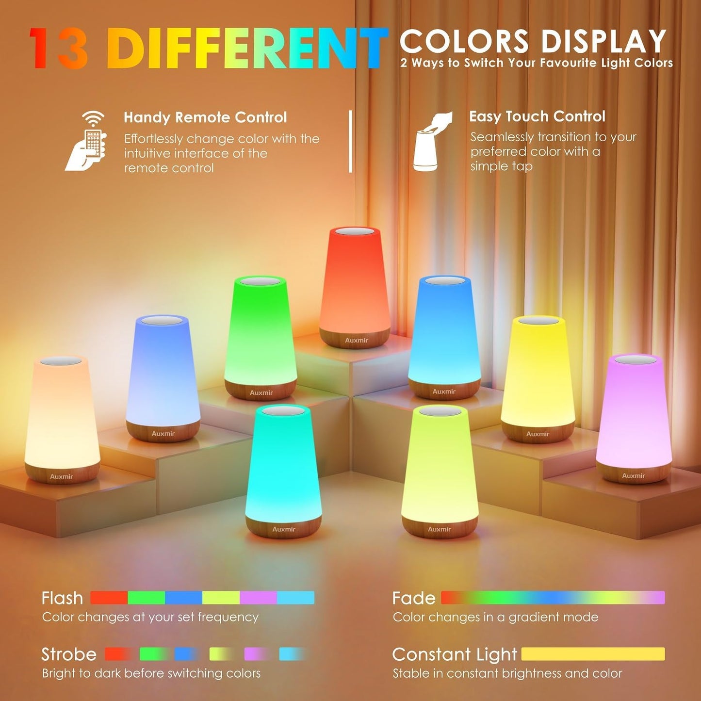 Auxmir Rechargeable Night Light, 13-Color Remote Control Lamp, Dark Brown | touch control, 13 colors, 5 brightness levels, 4 lighting modes, 1/2/4/6-hour auto-off, portable for nursery and camping