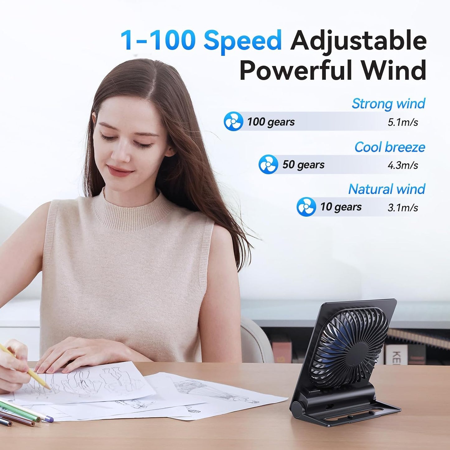 GOCKERA Desk Fan, 6.61''Ultra-thin 5000mAh Battery Powered Fan with Powerful Wind,100 Speeds Adjustable&Digital Display,Timer,Ultra-quiet Small Portable Fan for Bedroom,Office,Travel,Summer Essentials